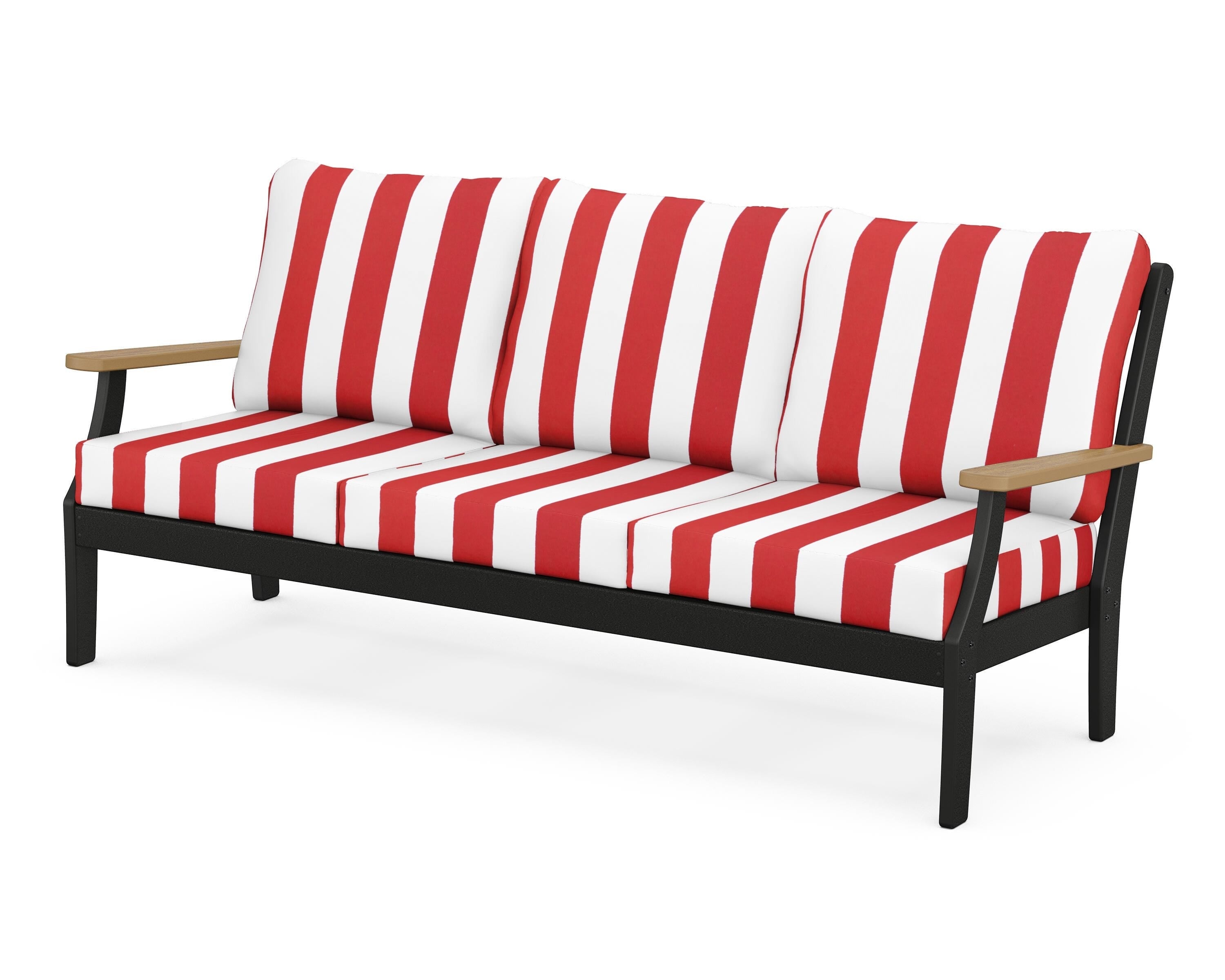 POLYWOOD® Braxton Deep Seating Sofa in Black / Natural / Cabana Stripe Crimson