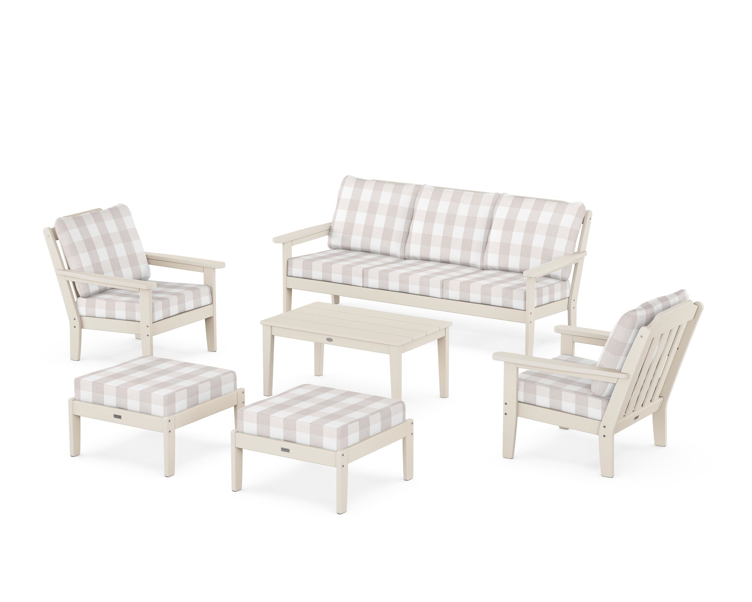 Country Living Cottage 6-Piece Lounge Sofa Set in Sand / Buffalo Plaid Dune Burlap