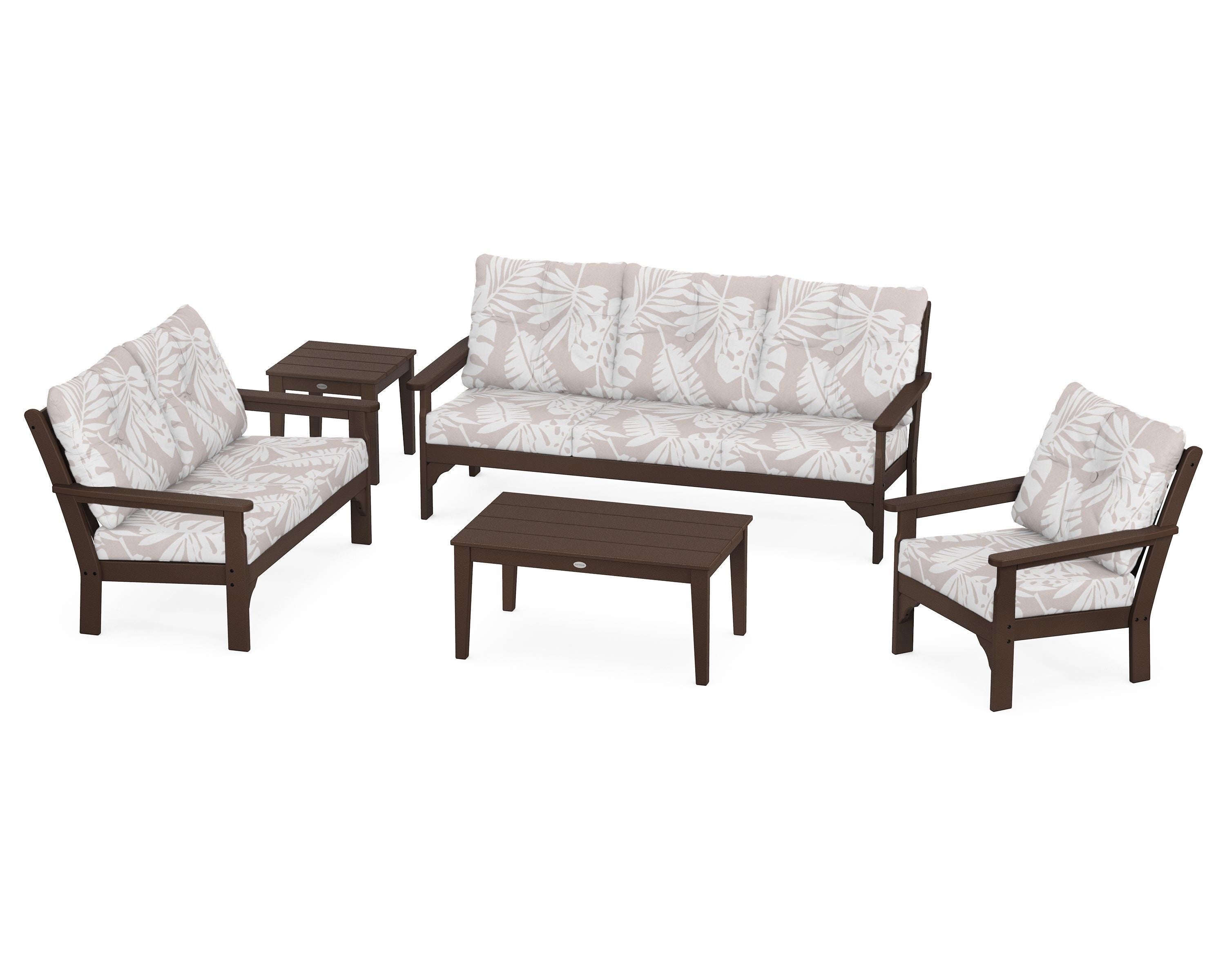 POLYWOOD® Vineyard 5 Piece Deep Seating Set in Mahogany / Leaf Dune Burlap