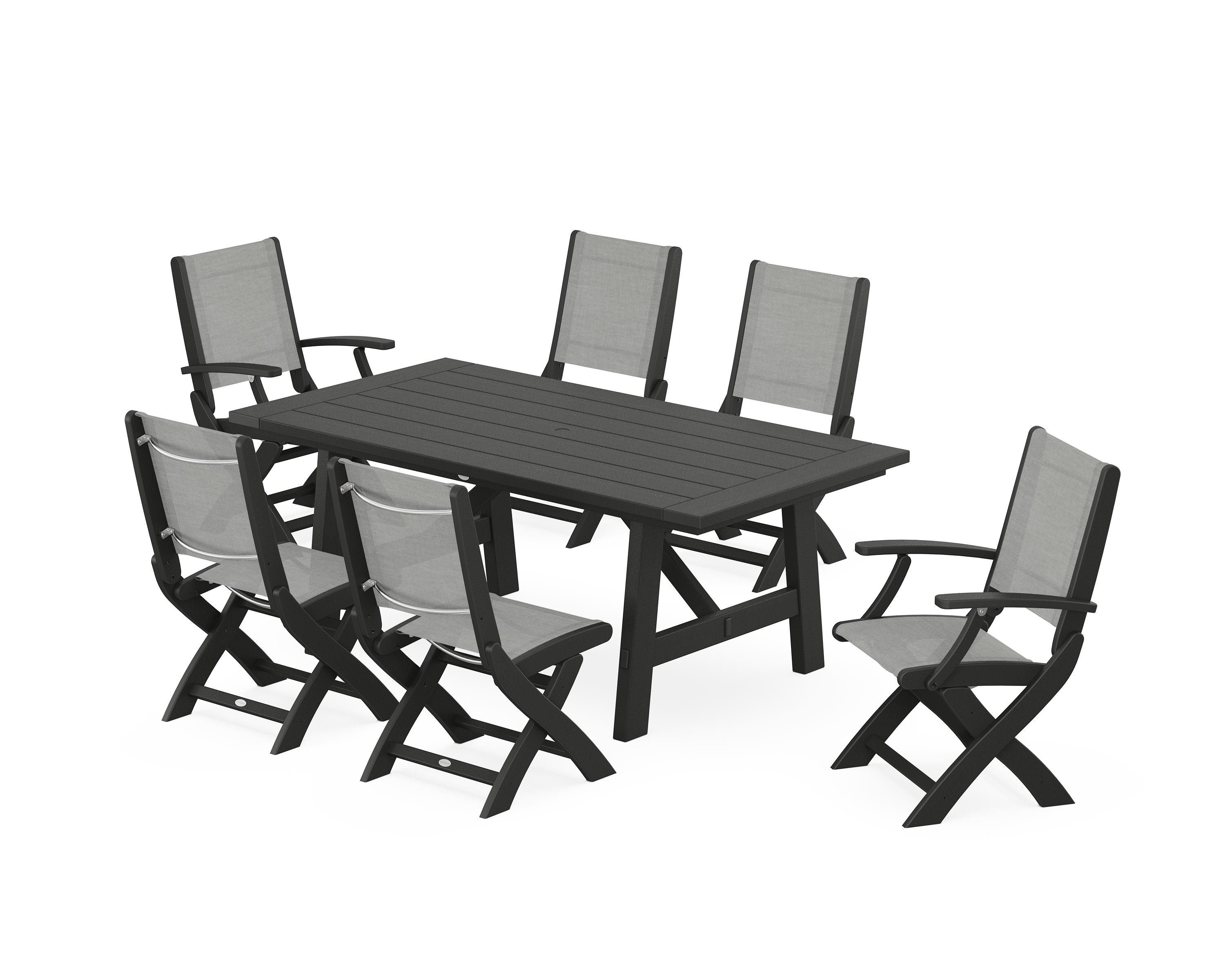 POLYWOOD® Coastal Folding Chair 7-Piece Rustic Farmhouse Dining Set in Black / Metallic Sling