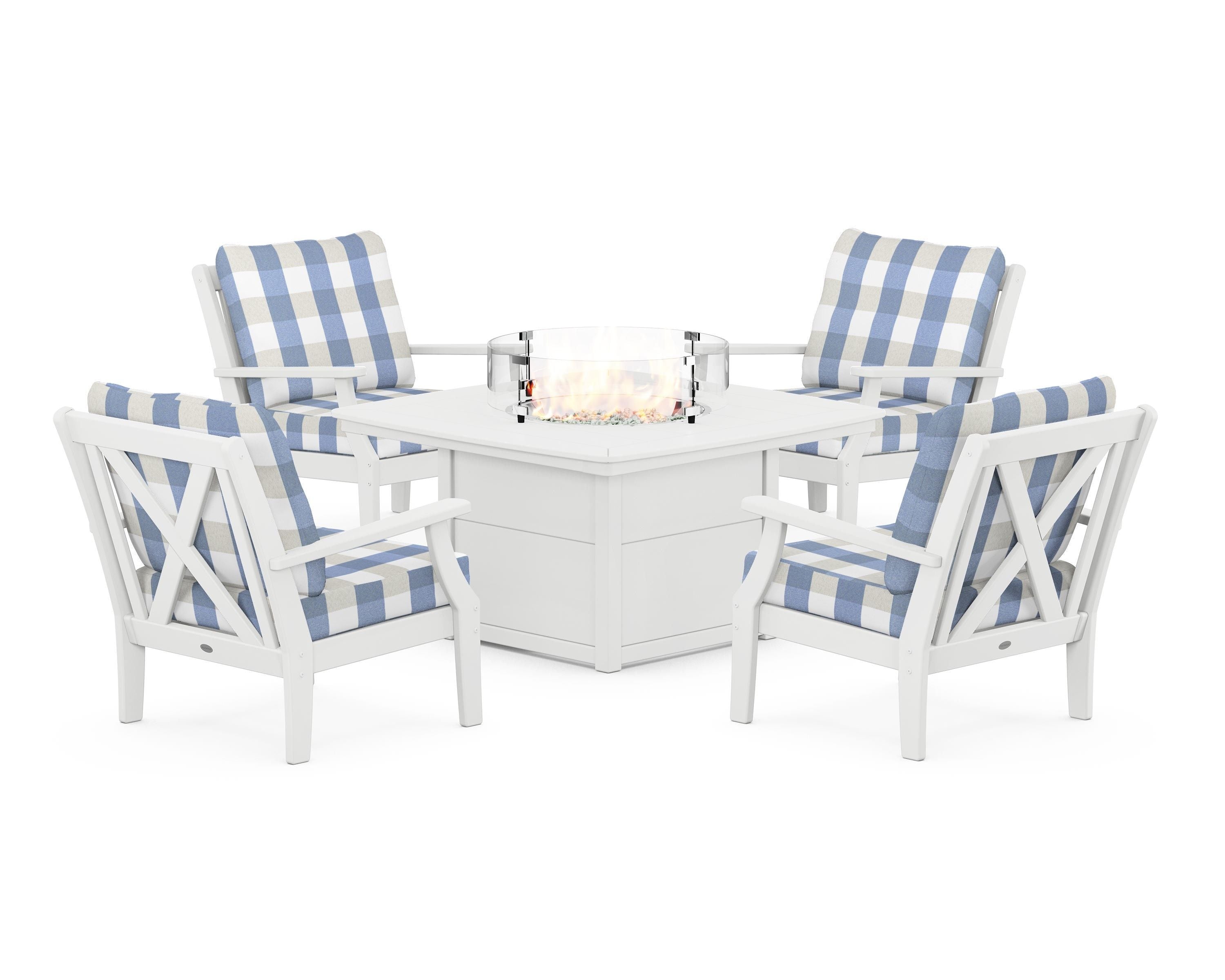 POLYWOOD® Braxton 5-Piece Deep Seating Conversation Set with Fire Pit Table in White / Buffalo Plaid Sky Blue