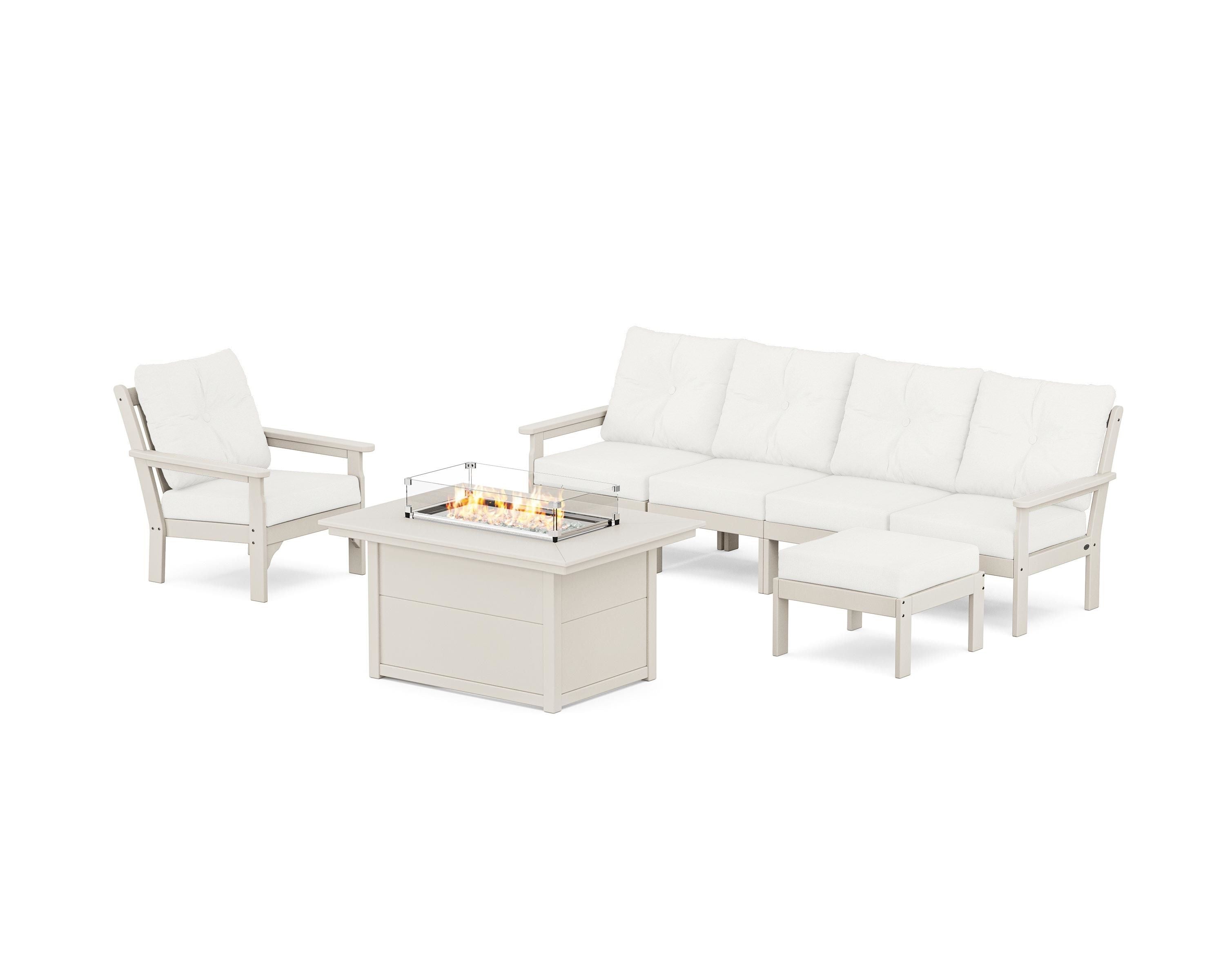 POLYWOOD® Vineyard Sectional Lounge and Fire Pit Set in Sand / Natural Linen