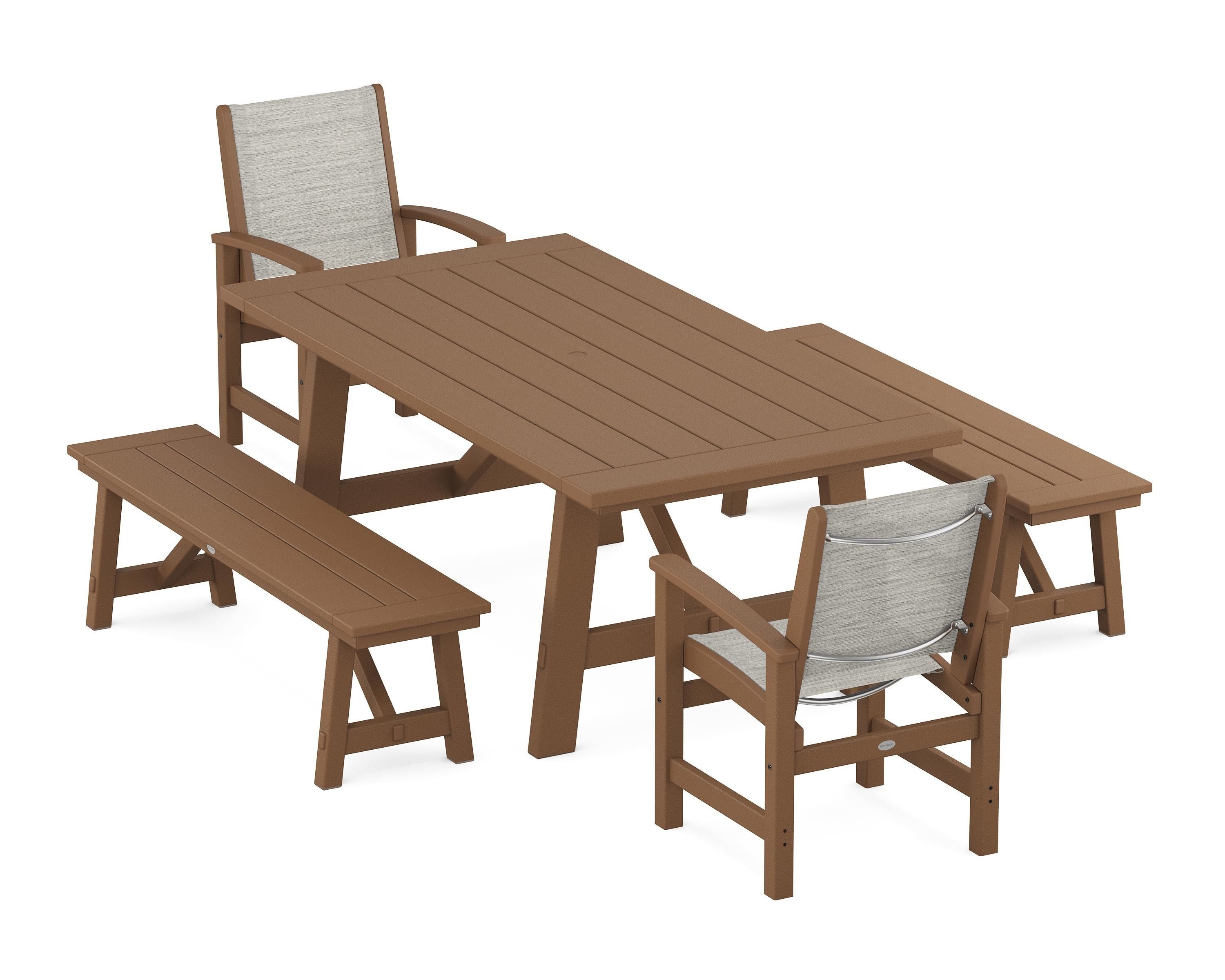 POLYWOOD® Coastal 5-Piece Rustic Farmhouse Dining Set With Benches in Teak / Birch Sling