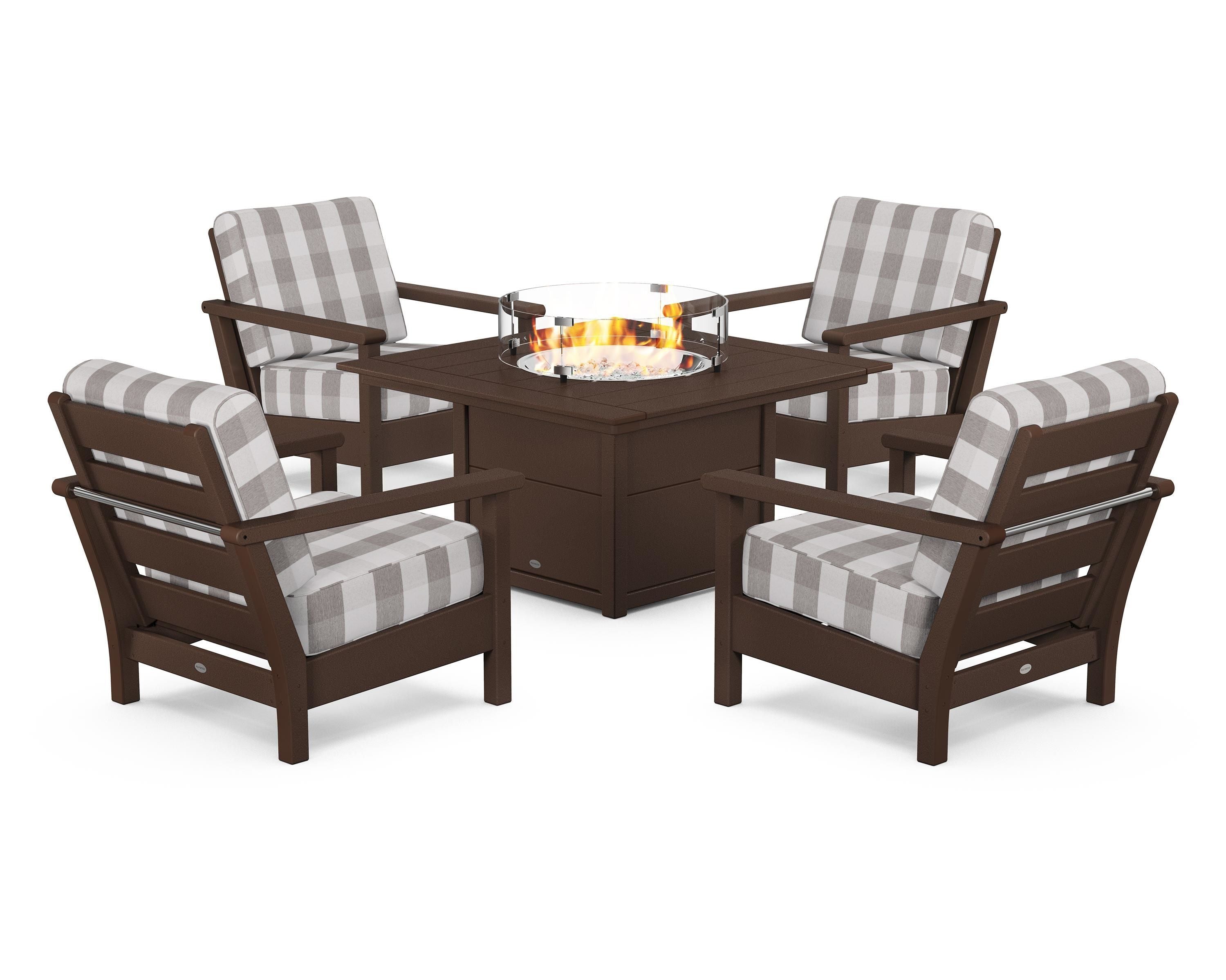 POLYWOOD® Harbour 5-Piece Conversation Set with Fire Pit Table in Mahogany / Buffalo Plaid Grey Mist