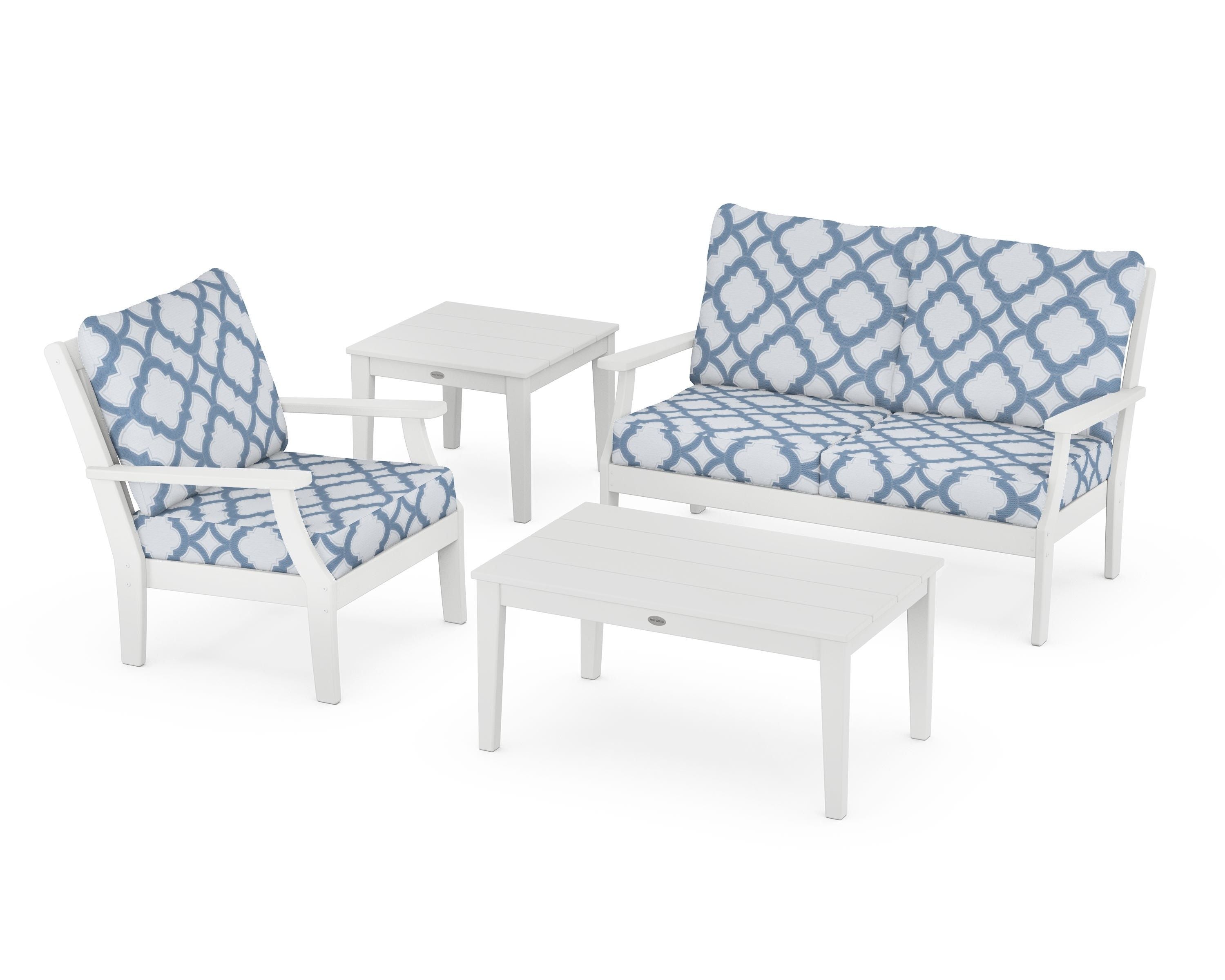 POLYWOOD® Braxton 4-Piece Deep Seating Set in White / Trellis Sky Blue