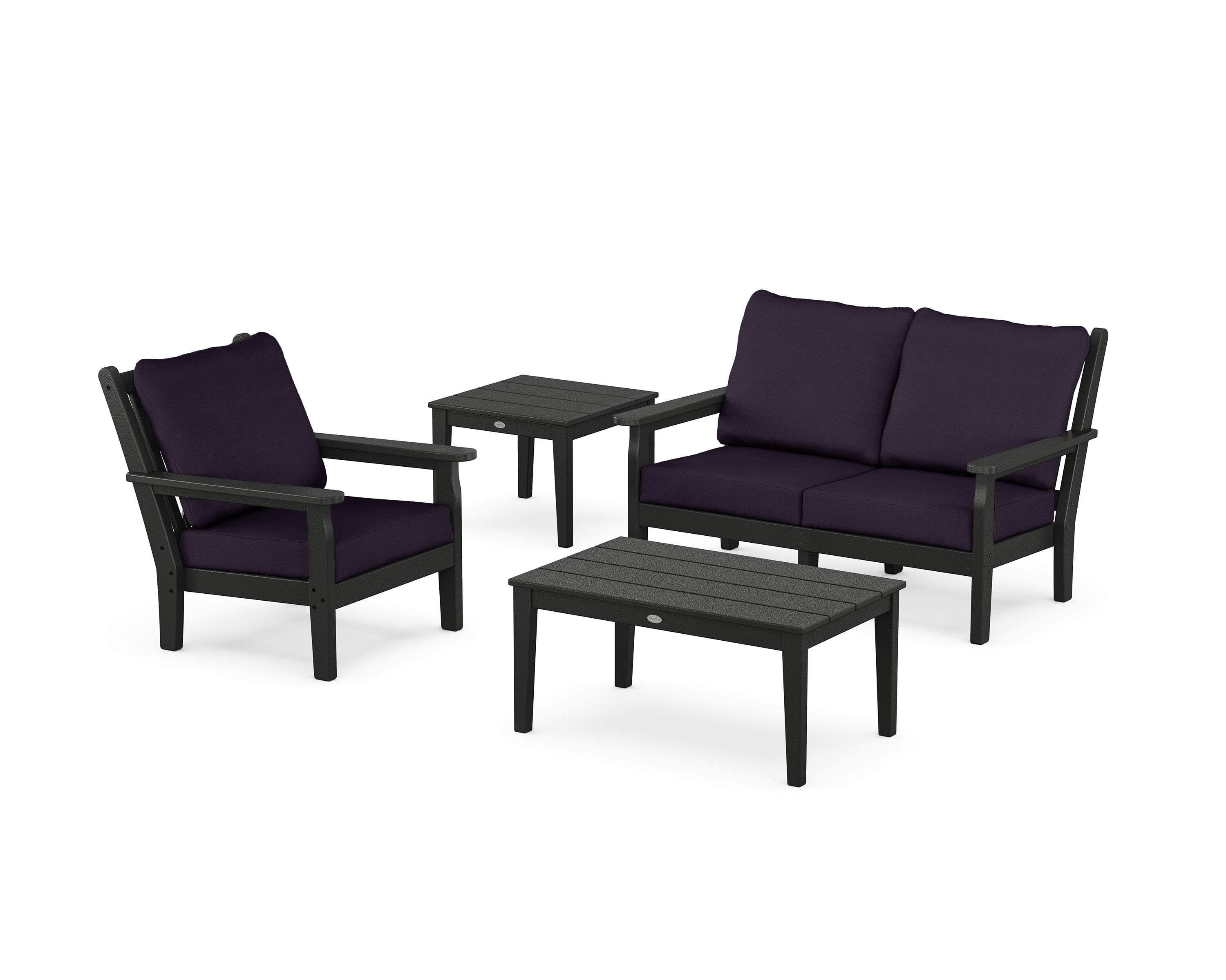 POLYWOOD® Chippendale 4-Piece Deep Seating Set in Black / Navy Linen