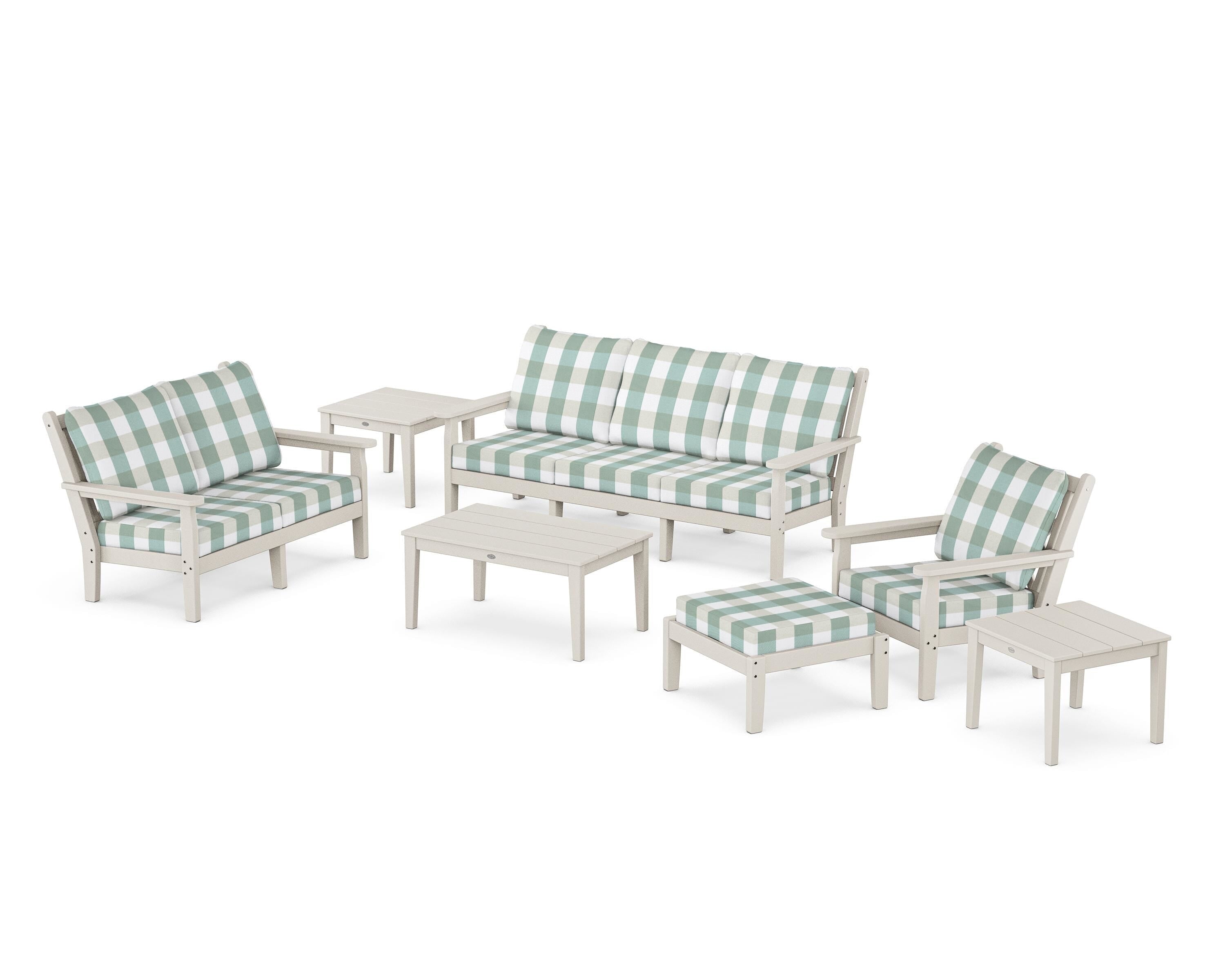 POLYWOOD® Chippendale 7-Piece Deep Seating Set in Sand / Buffalo Plaid Glacier Spa