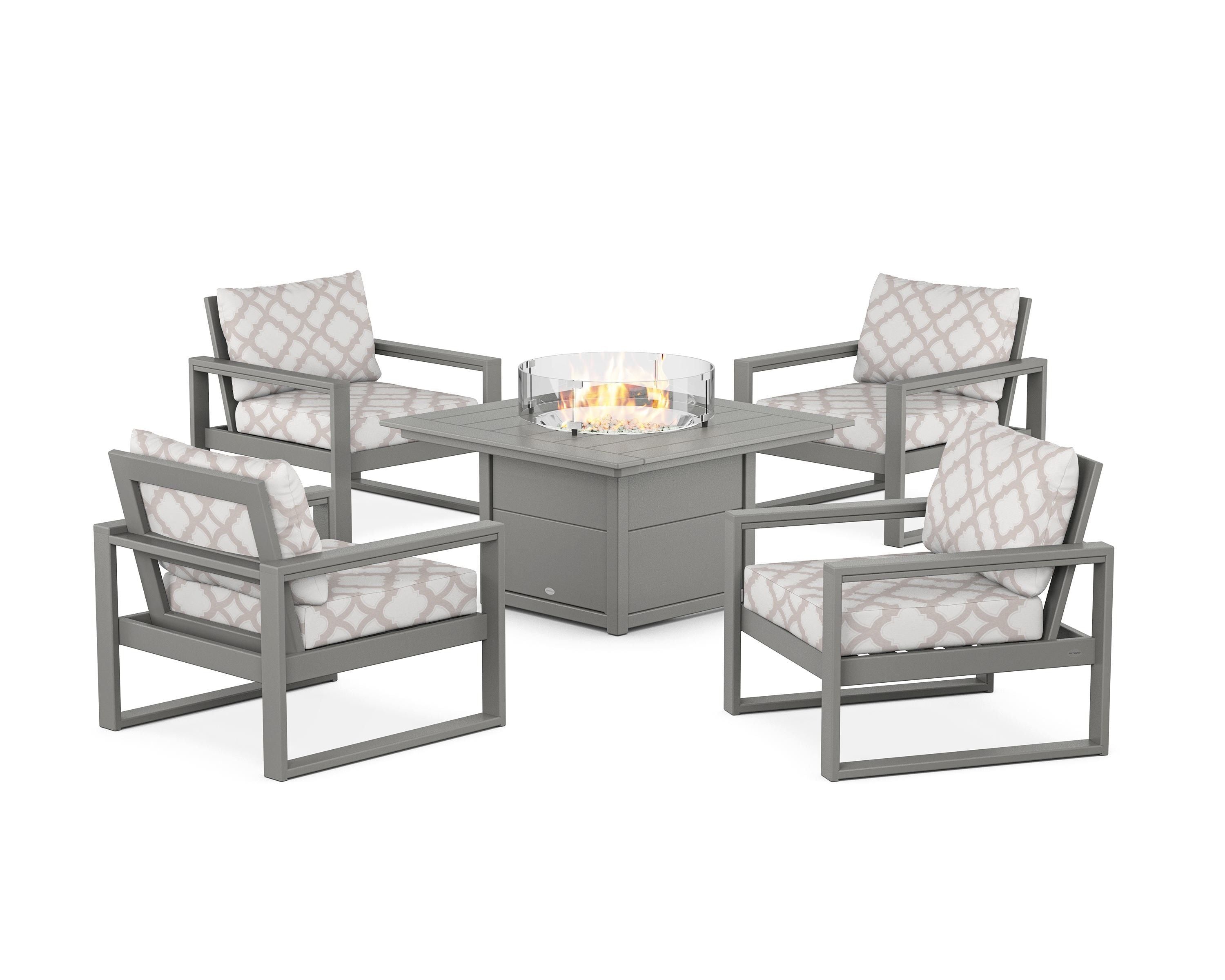 POLYWOOD® EDGE Sectional 5-Piece Deep Seating Set with Fire Pit Table in Slate Grey / Trellis Dune Burlap