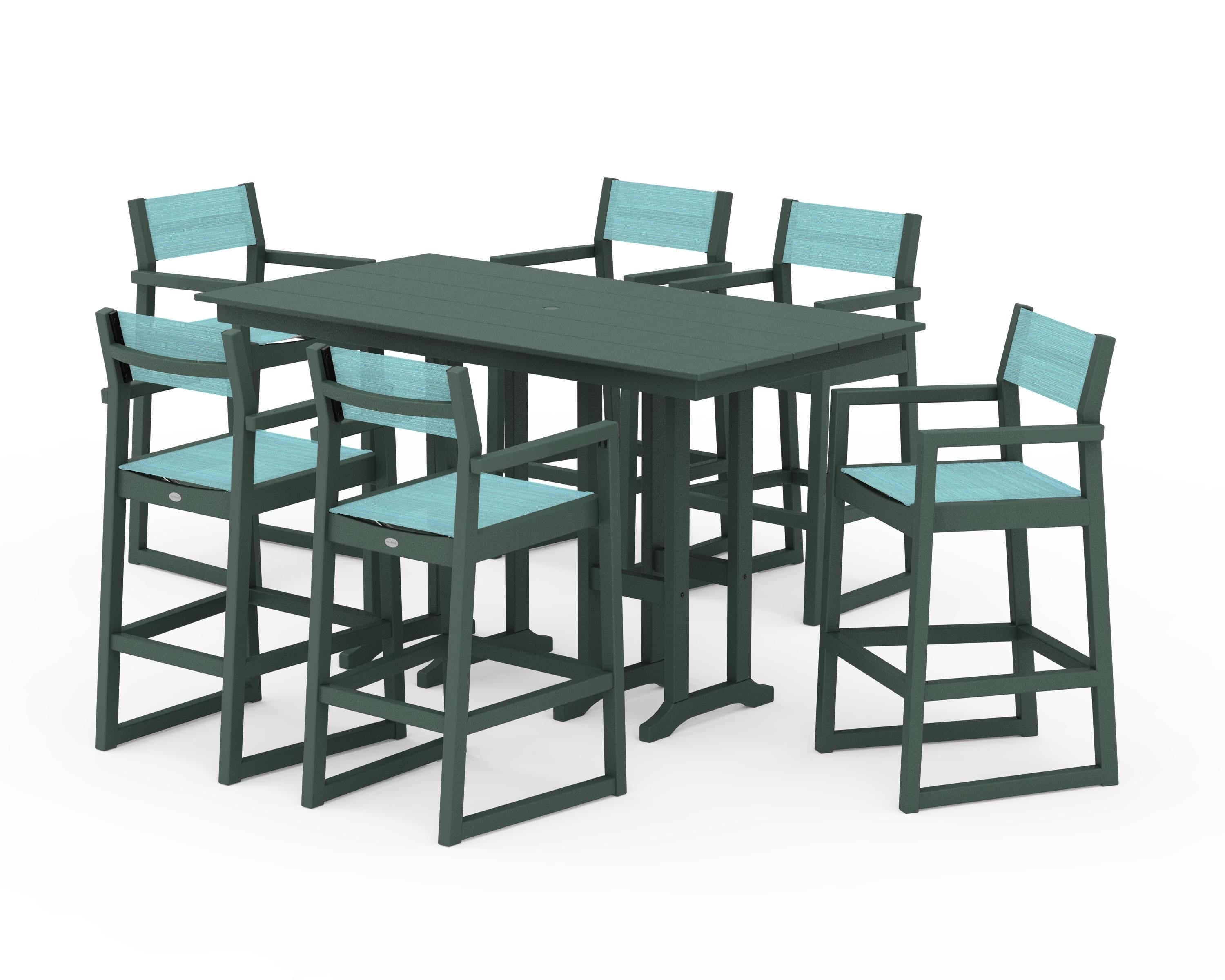 POLYWOOD® EDGE Sling Arm Chair 7-Piece Farmhouse Bar Set in Green / Dupioni Aquamarine Sling
