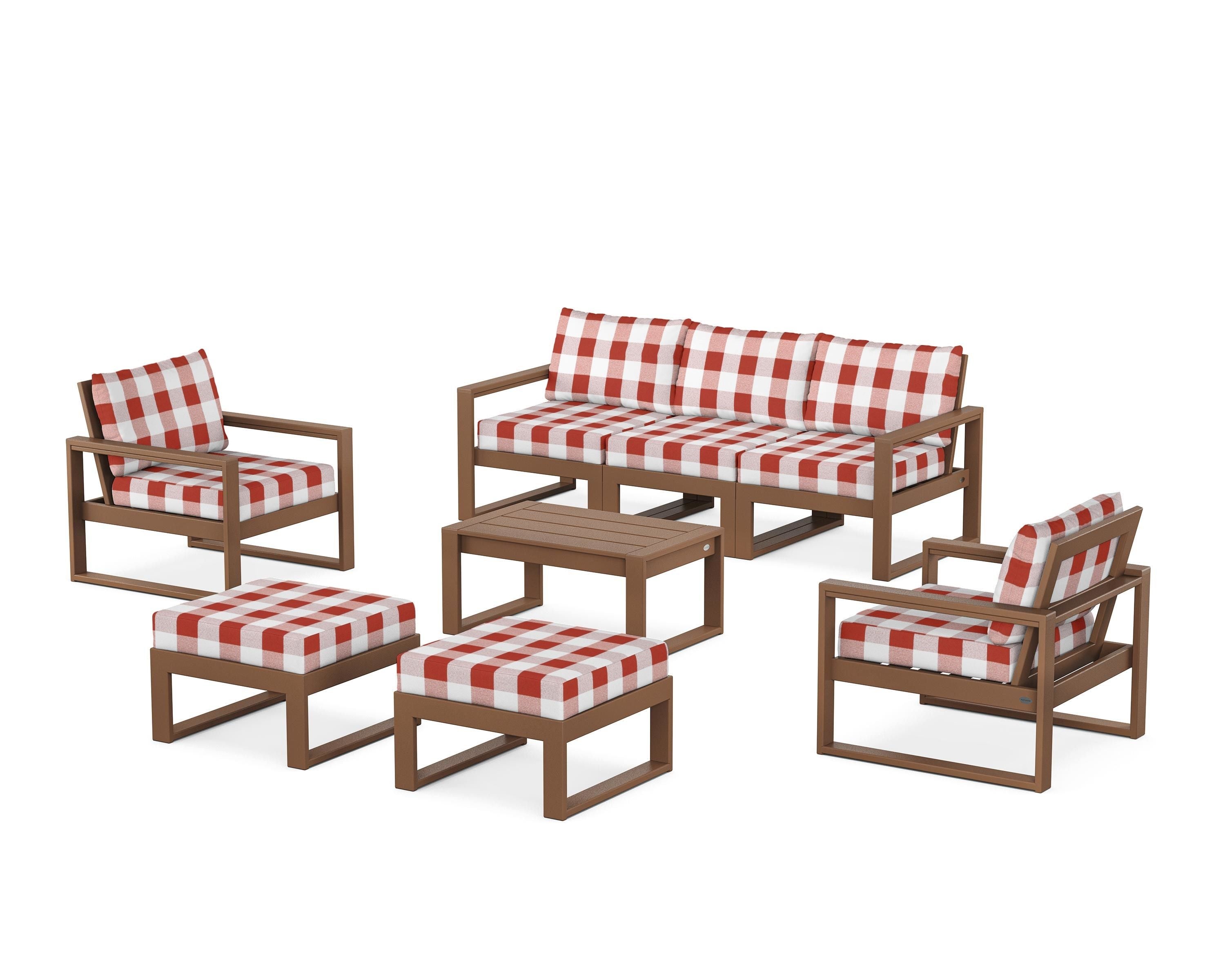 POLYWOOD® EDGE Sectional 8-Piece Lounge Sofa Set in Teak / Buffalo Plaid Crimson