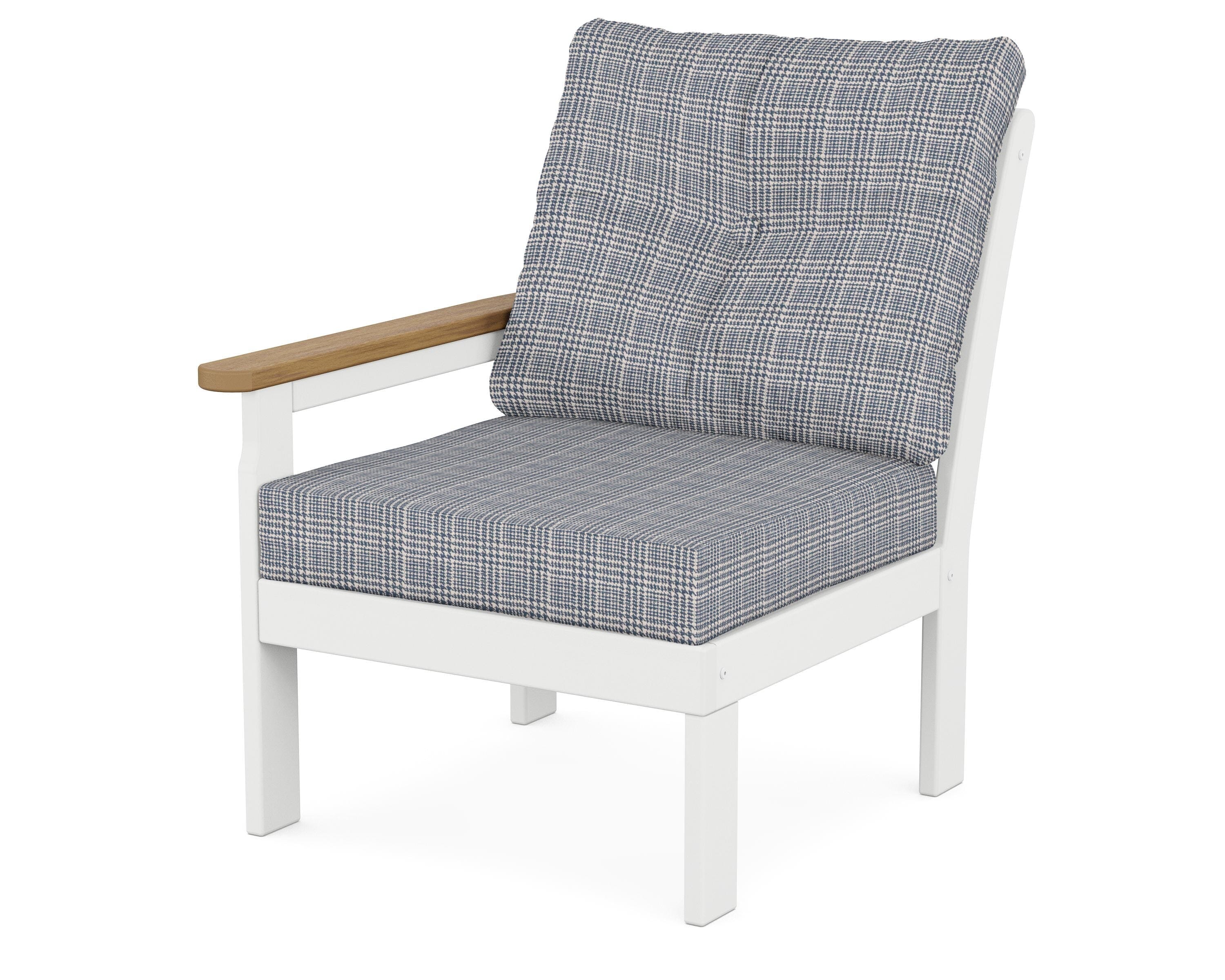 POLYWOOD® Vineyard Modular Left Arm Chair in White / Natural / Houndstooth Sky Blue