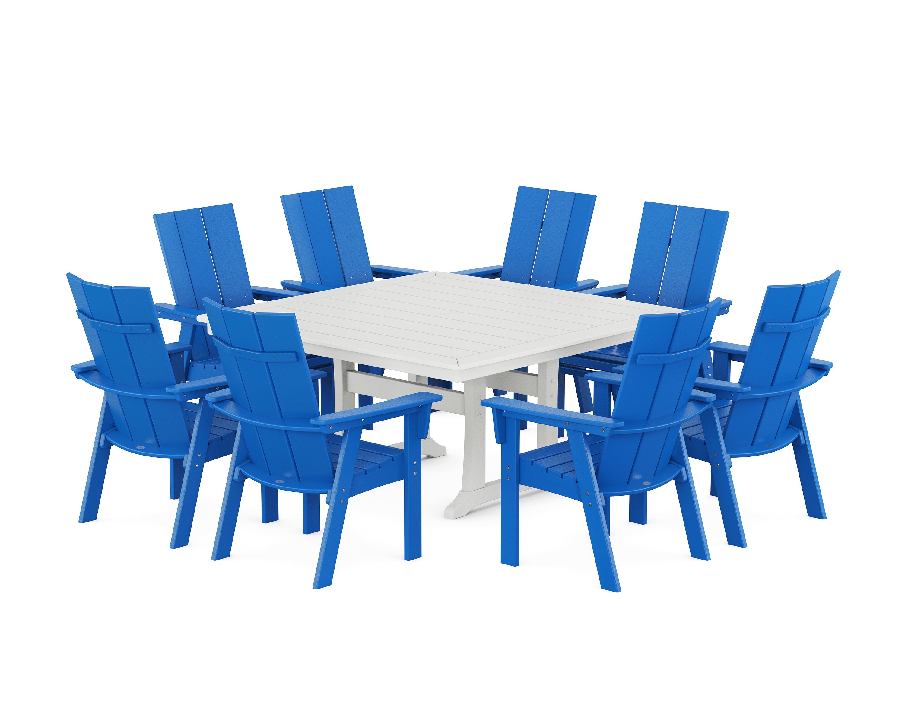 POLYWOOD® Modern Curveback Adirondack 9-Piece Square Dining Set with Trestle Legs in Pacific Blue / White