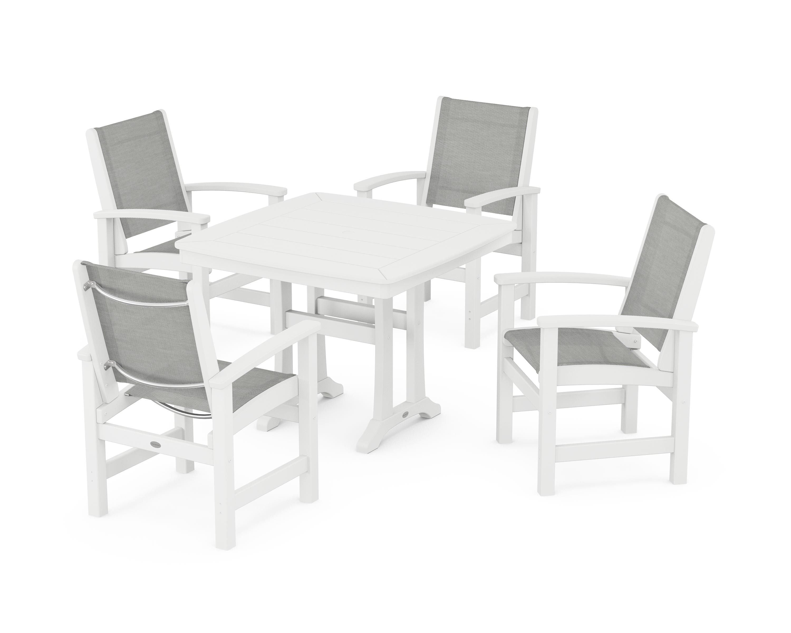 POLYWOOD® Coastal 5-Piece Dining Set with Trestle Legs in White / Metallic Sling