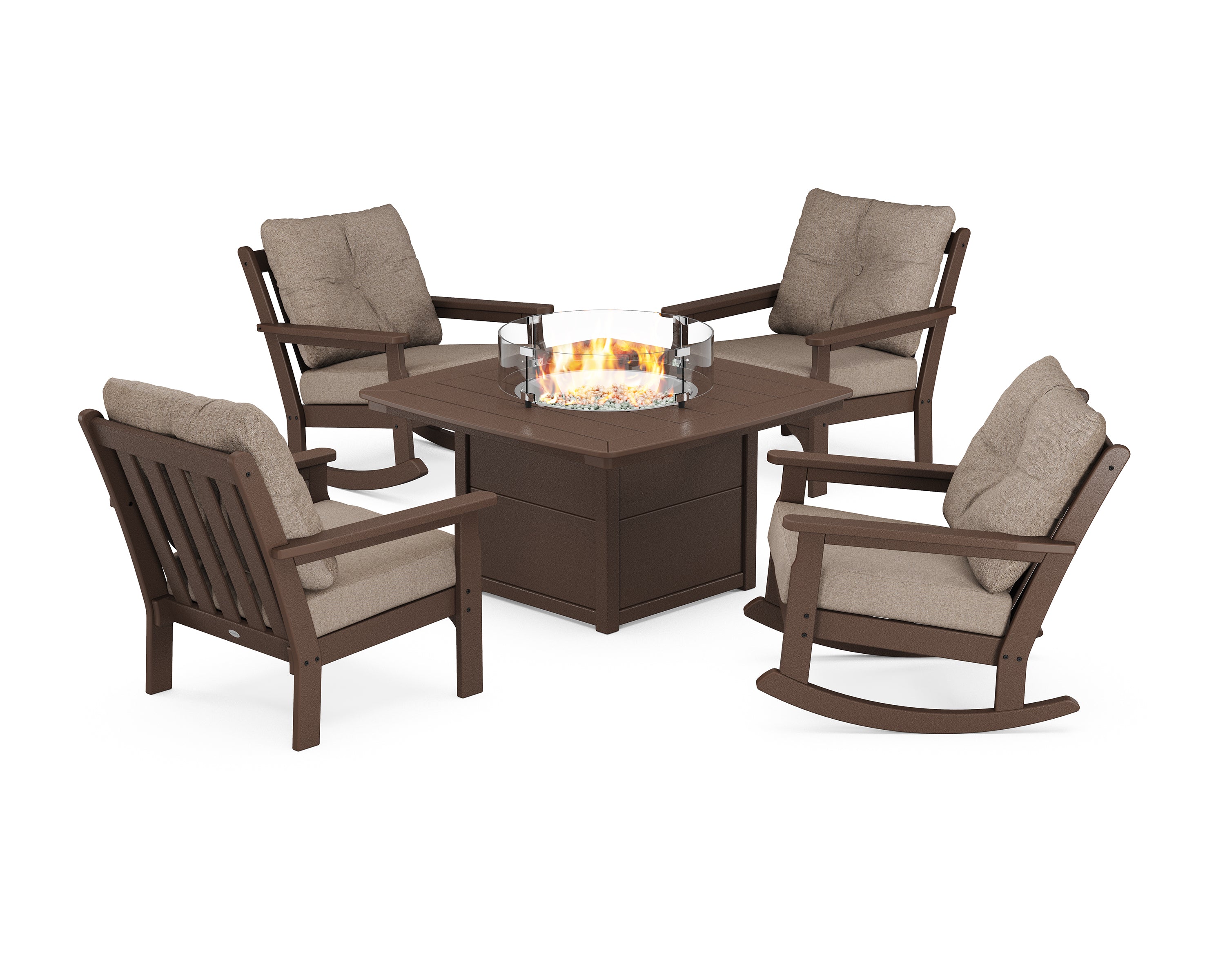 POLYWOOD® Vineyard 5-Piece Deep Seating Rocking Chair Conversation Set with Fire Pit Table in Mahogany / Spiced Burlap