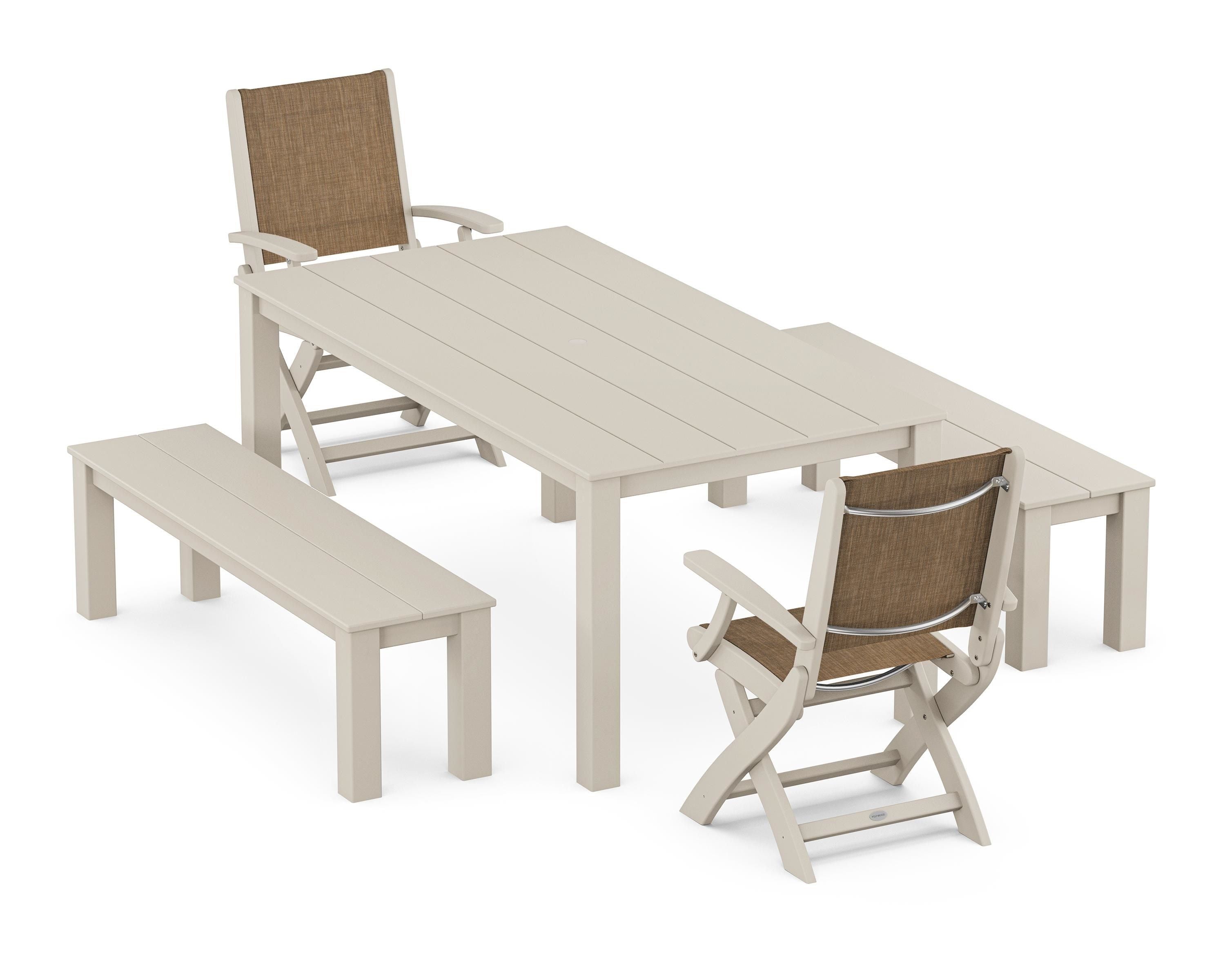 POLYWOOD® Coastal Folding Chair 5-Piece Parsons Dining Set with Benches in Sand / Burlap Sling