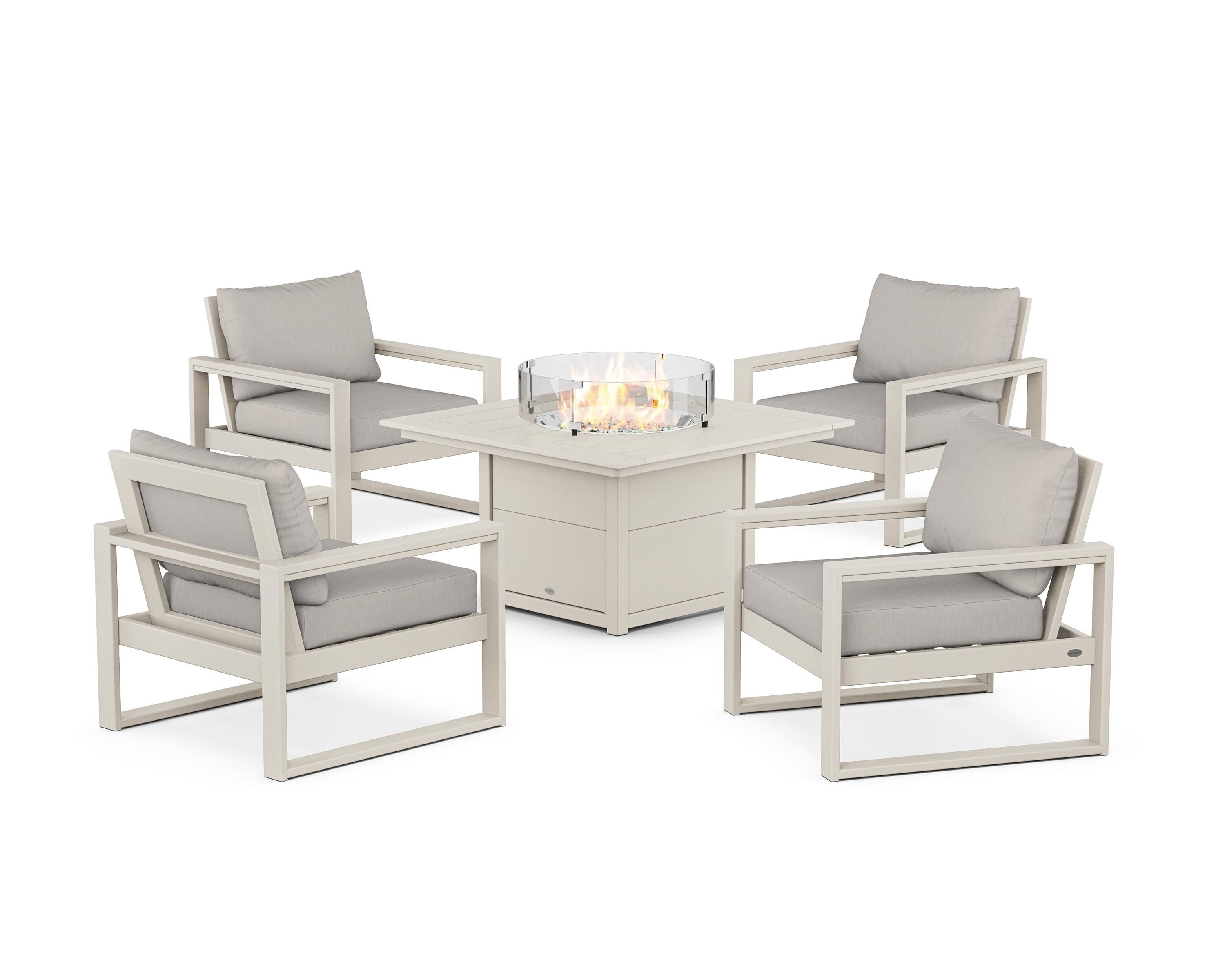 POLYWOOD® EDGE Sectional 5-Piece Deep Seating Set with Fire Pit Table in Sand / Cast Ash