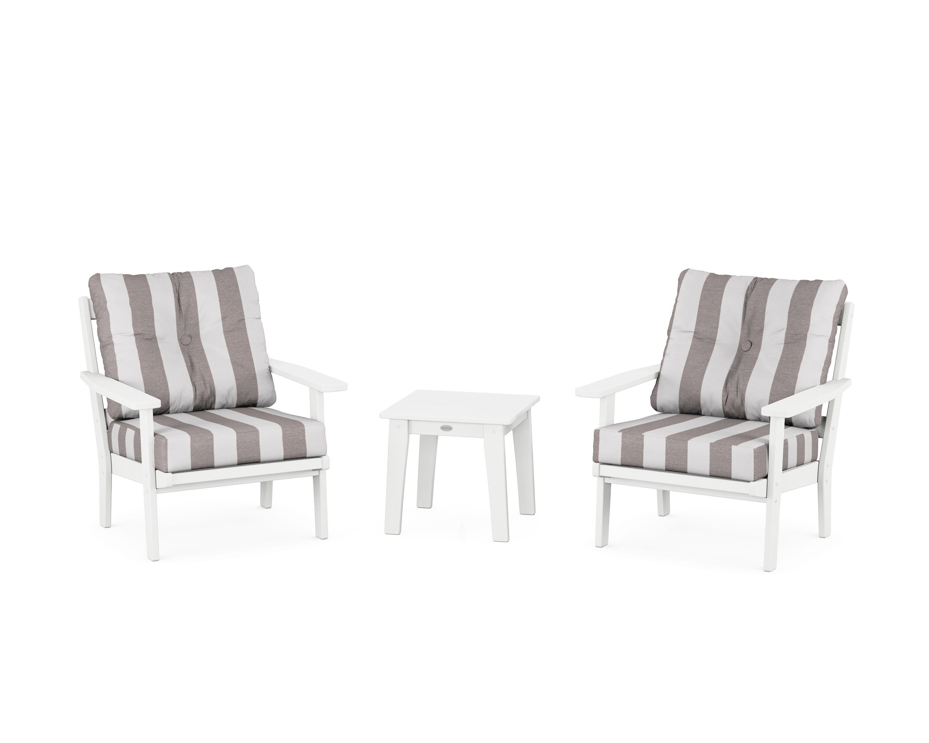 POLYWOOD® Oxford 3-Piece Deep Seating Set in White / Cabana Stripe Grey Mist