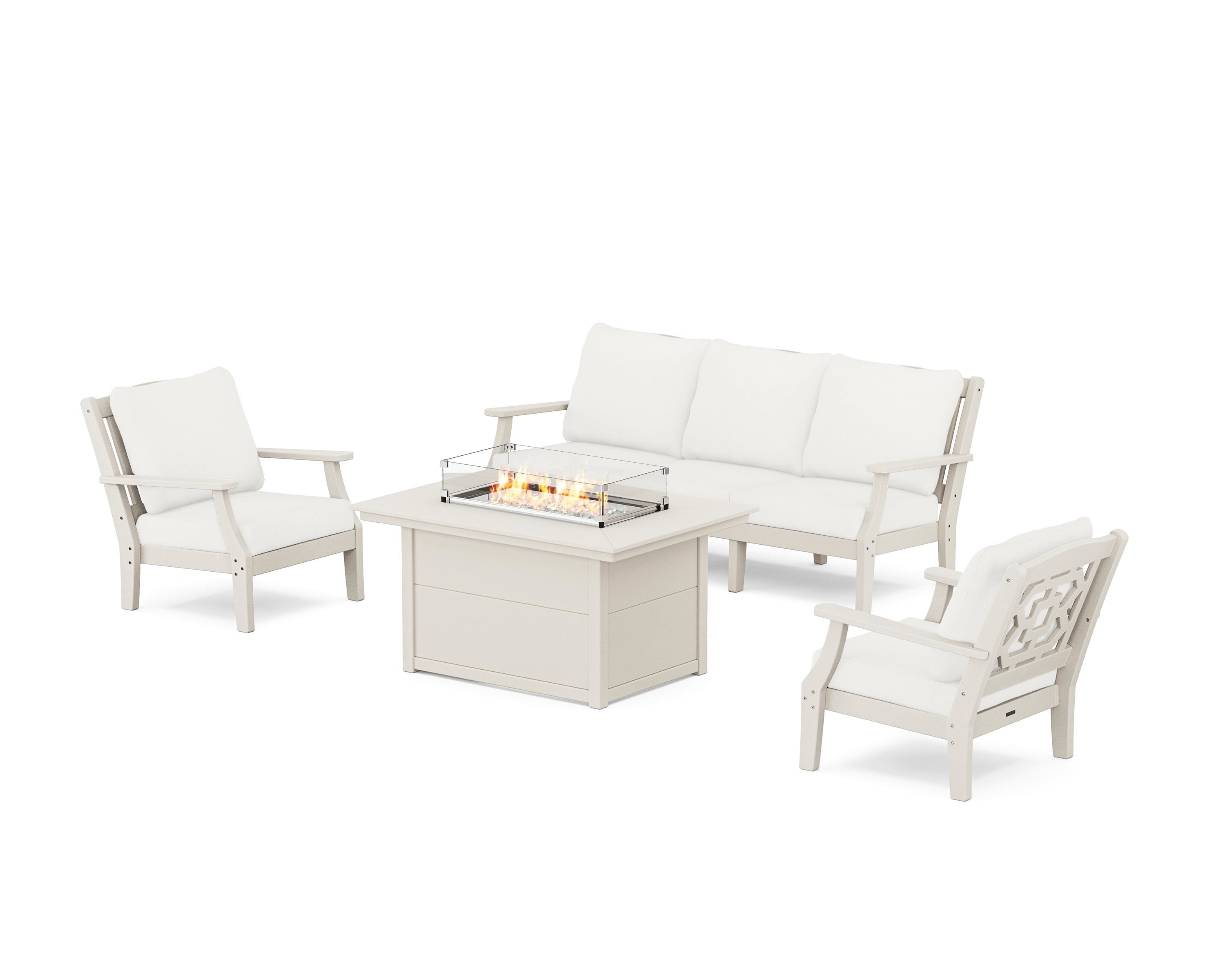 Martha Stewart by POLYWOOD® Chinoiserie Deep Seating Fire Pit Table Set in Sand / Natural Linen
