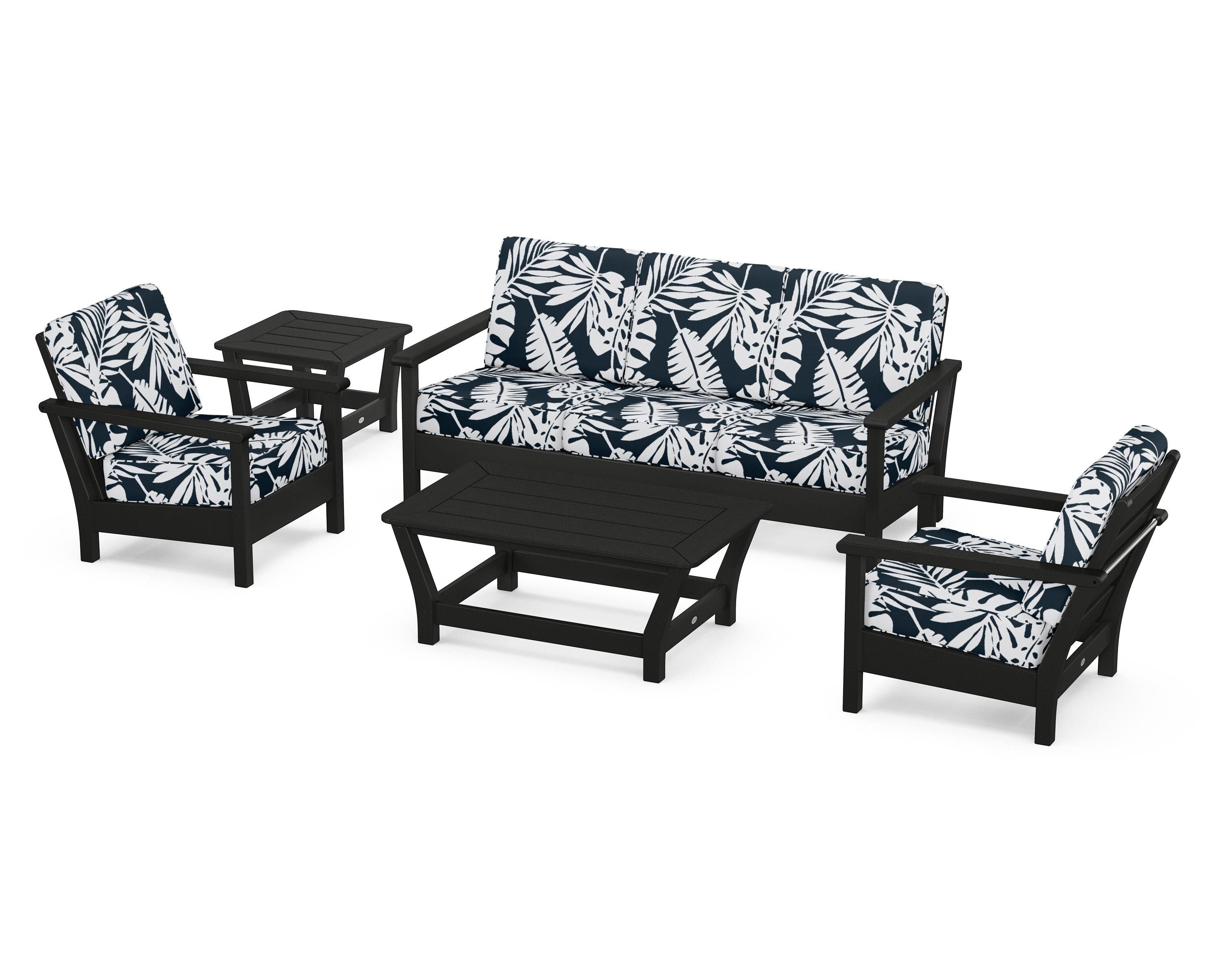 POLYWOOD® Harbour 5-Piece Deep Seating Set in Black / Leaf Marine Indigo