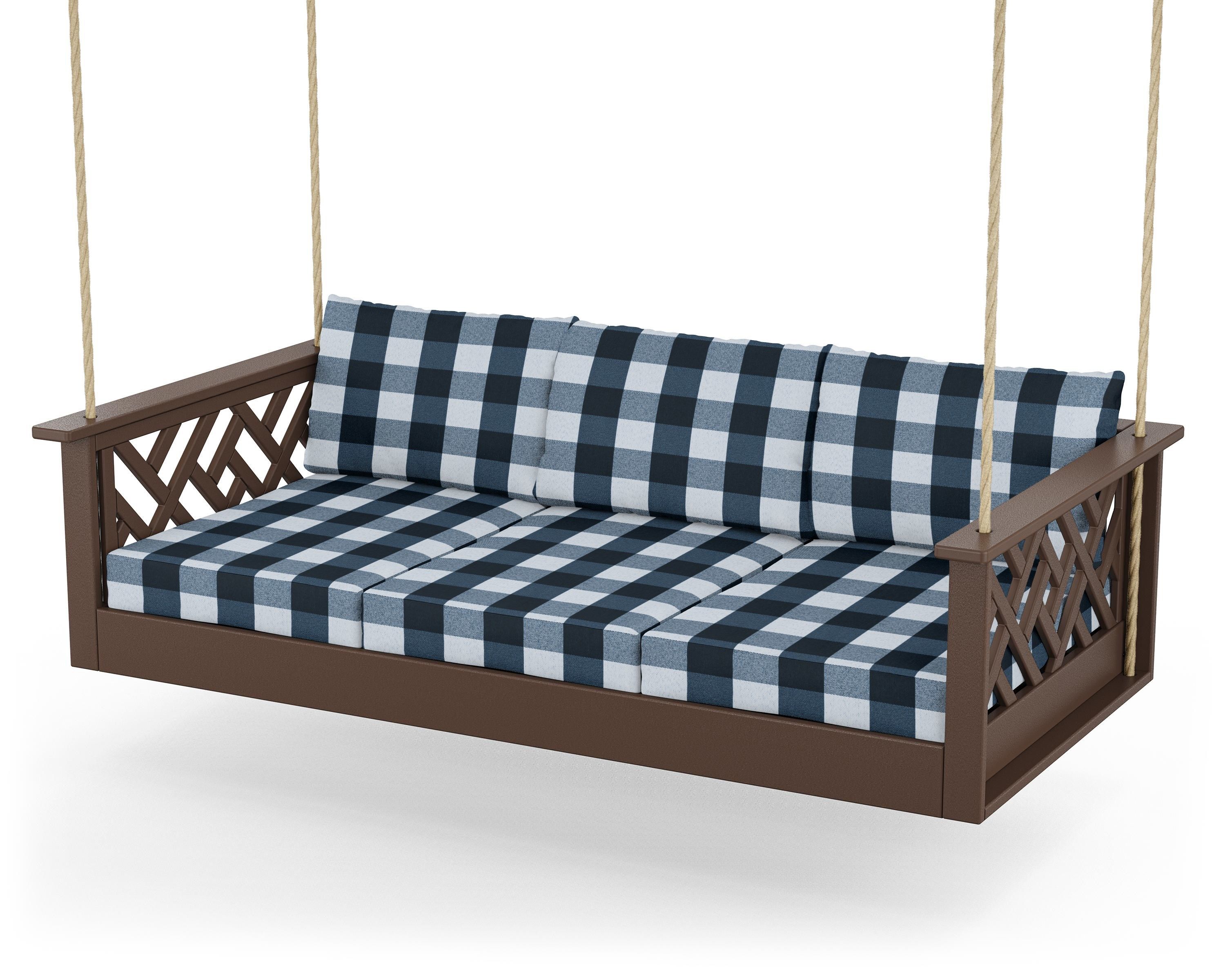 POLYWOOD® Chippendale Daybed Swing in Mahogany / Buffalo Plaid Marine Indigo