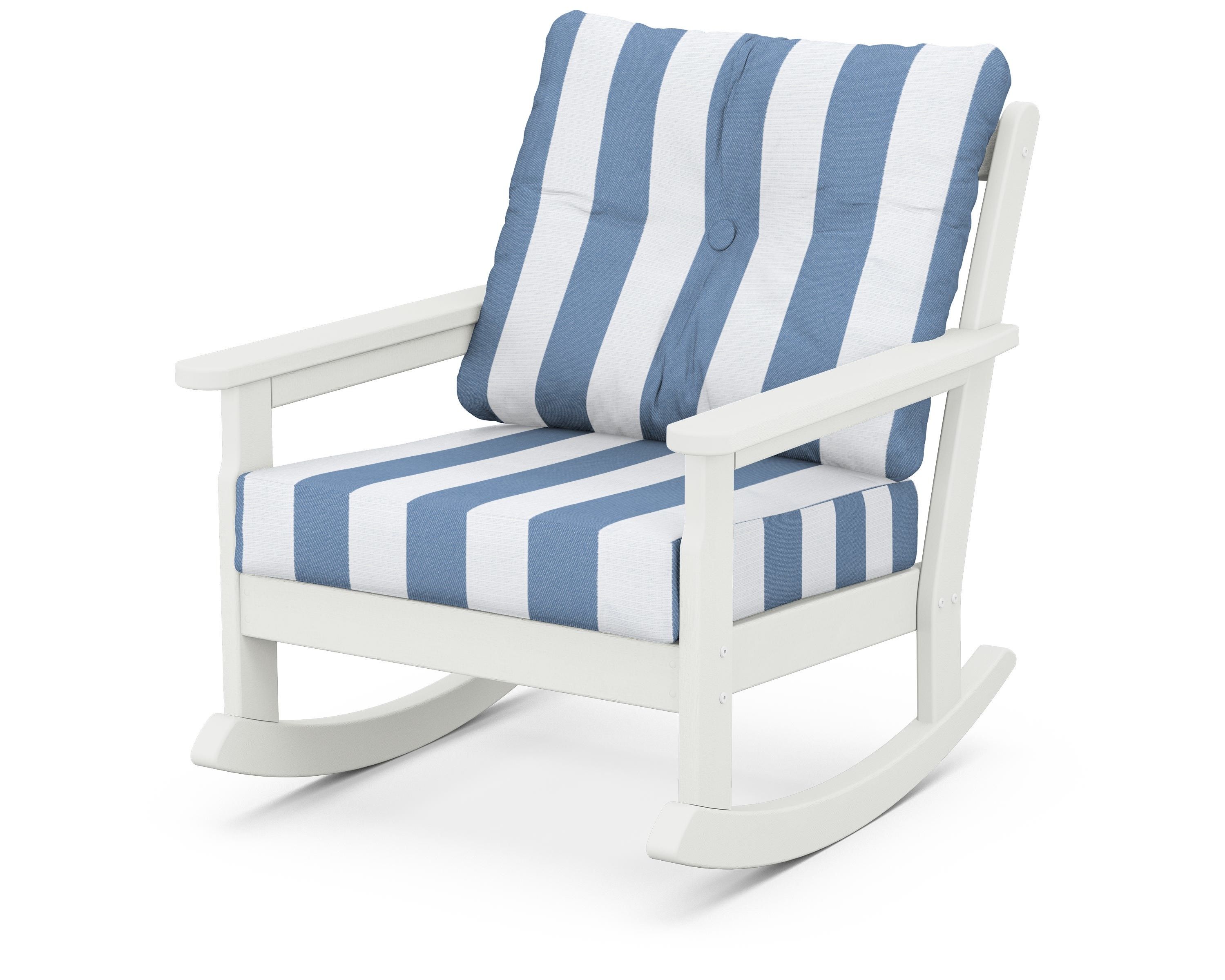POLYWOOD® Vineyard Deep Seating Rocking Chair in Vintage White / Cabana Stripe Sky Blue