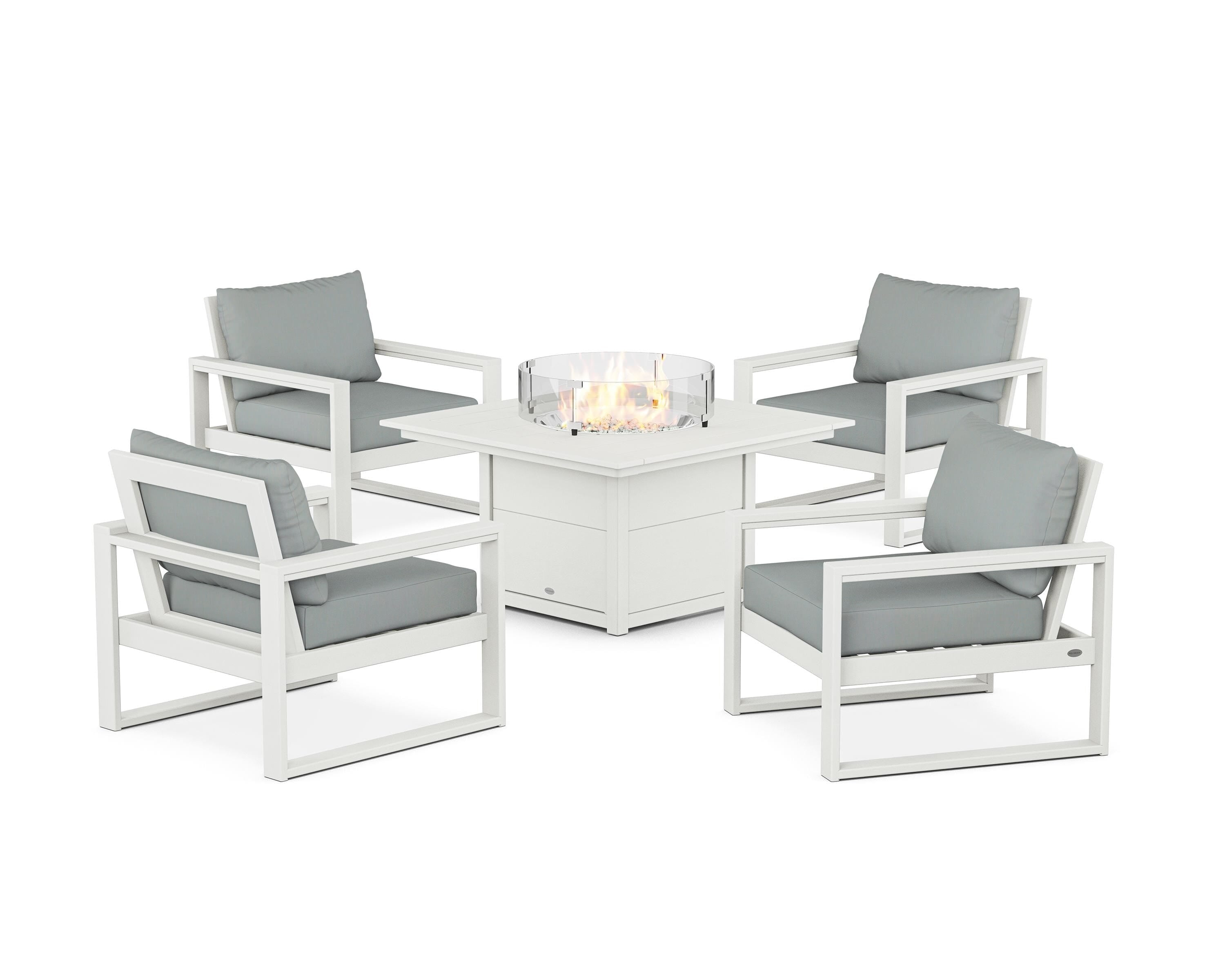 POLYWOOD® EDGE Sectional 5-Piece Deep Seating Set with Fire Pit Table in Vintage White / Spa