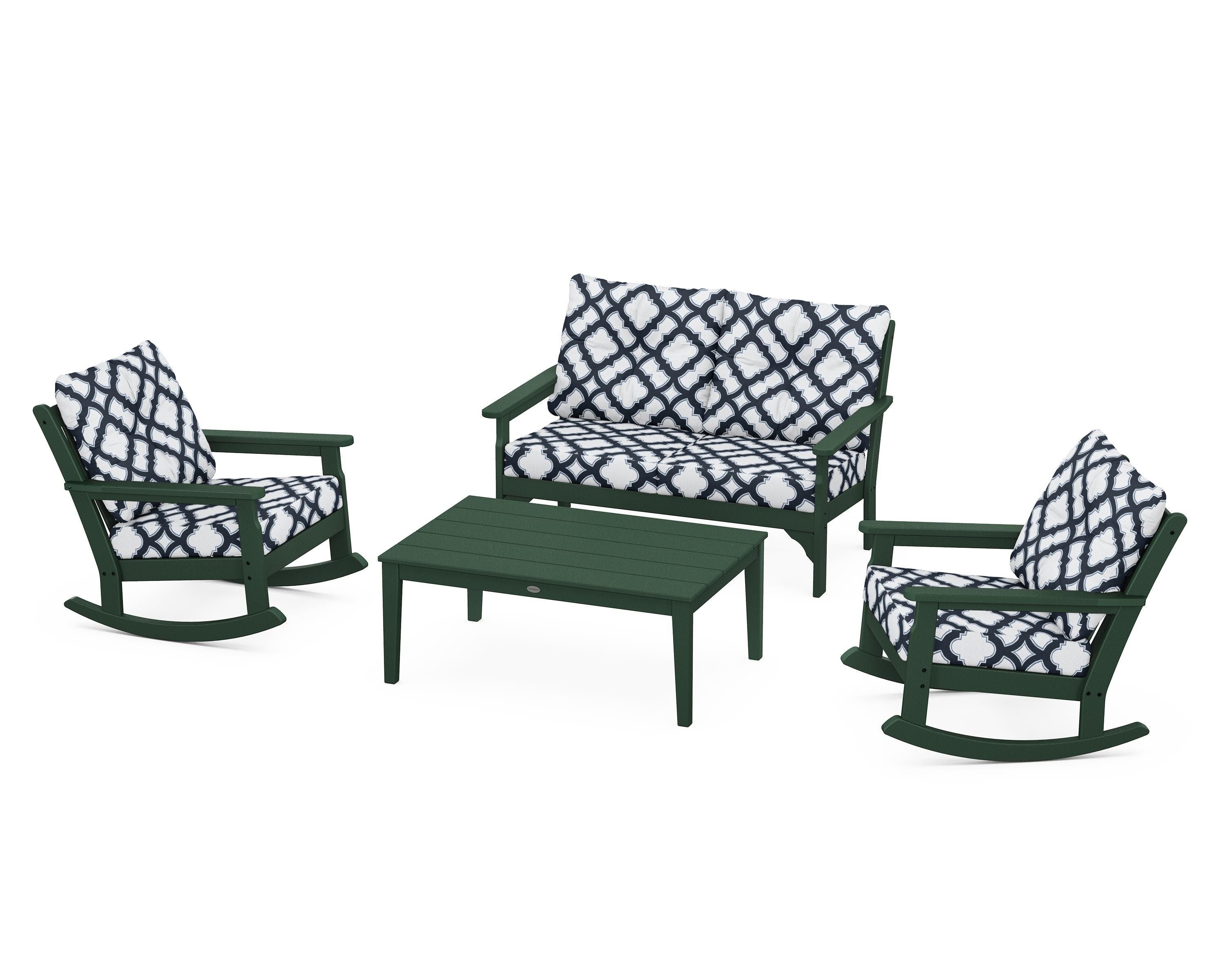 POLYWOOD® Vineyard 4-Piece Deep Seating Rocking Chair Set in Green / Trellis Marine Indigo