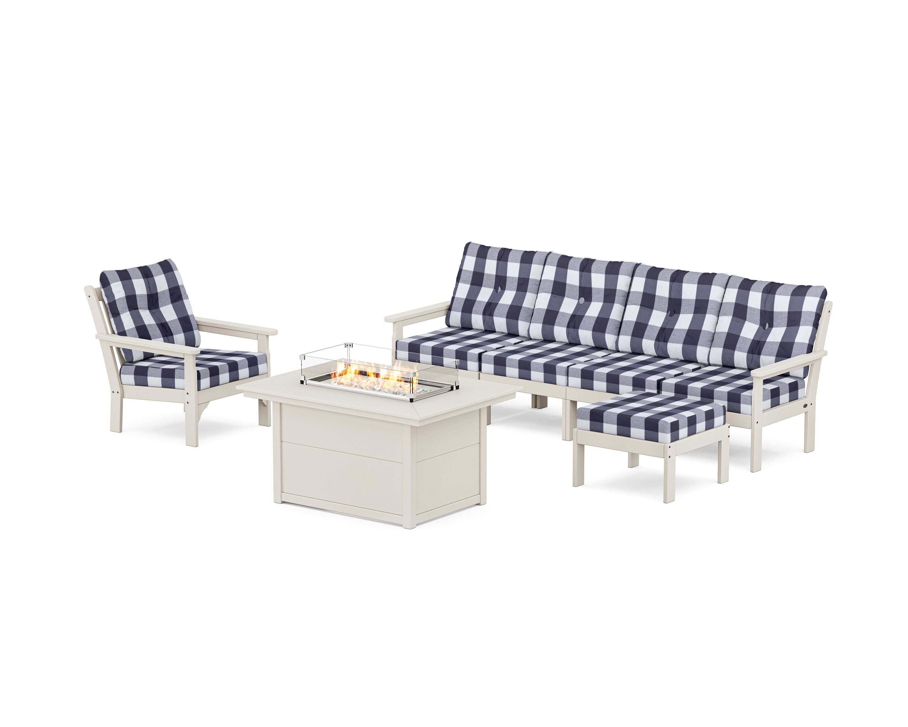 POLYWOOD® Vineyard Sectional Lounge and Fire Pit Set in Sand / Buffalo Plaid Navy