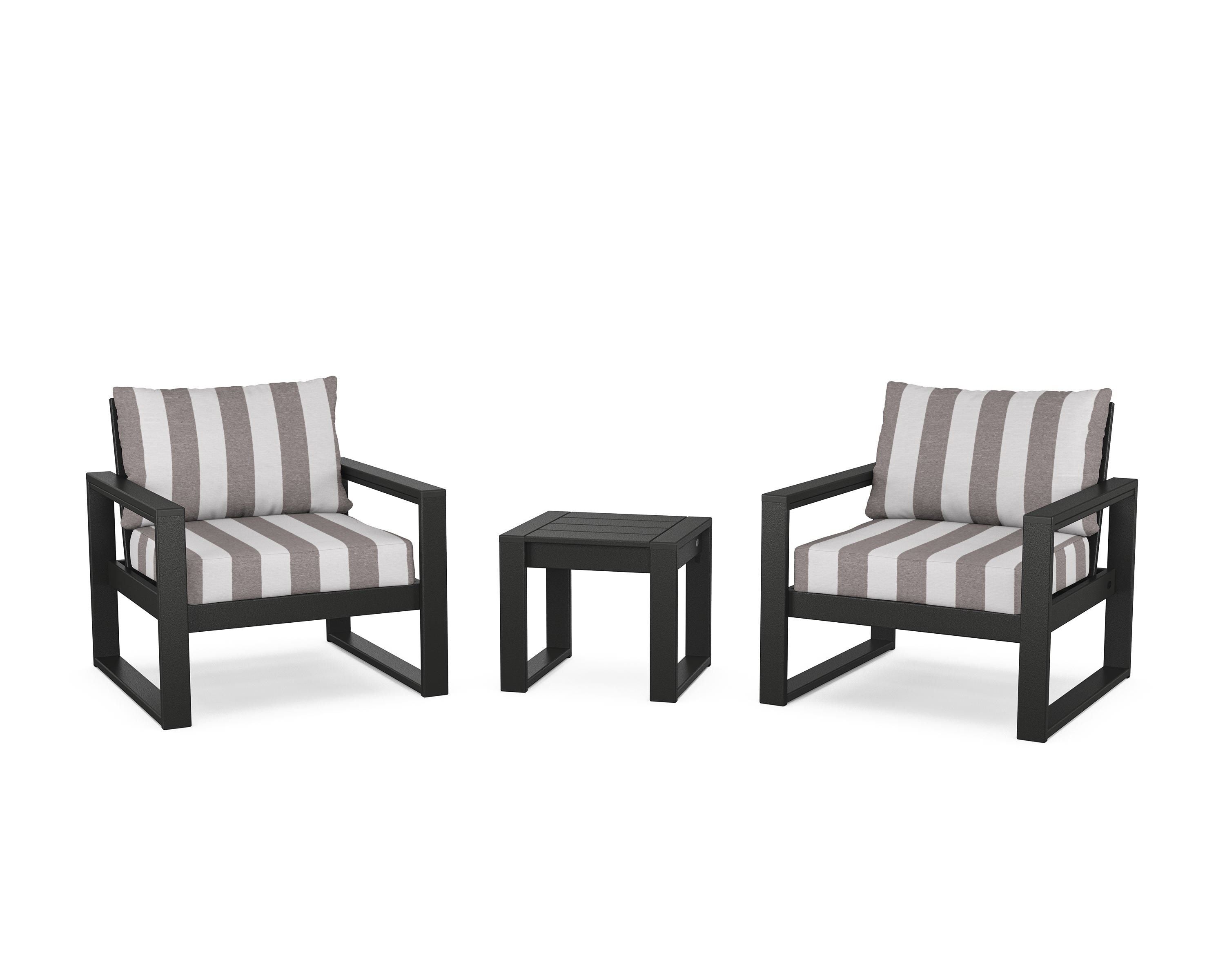 POLYWOOD® EDGE Sectional 3-Piece Deep Seating Set in Black / Cabana Stripe Grey Mist