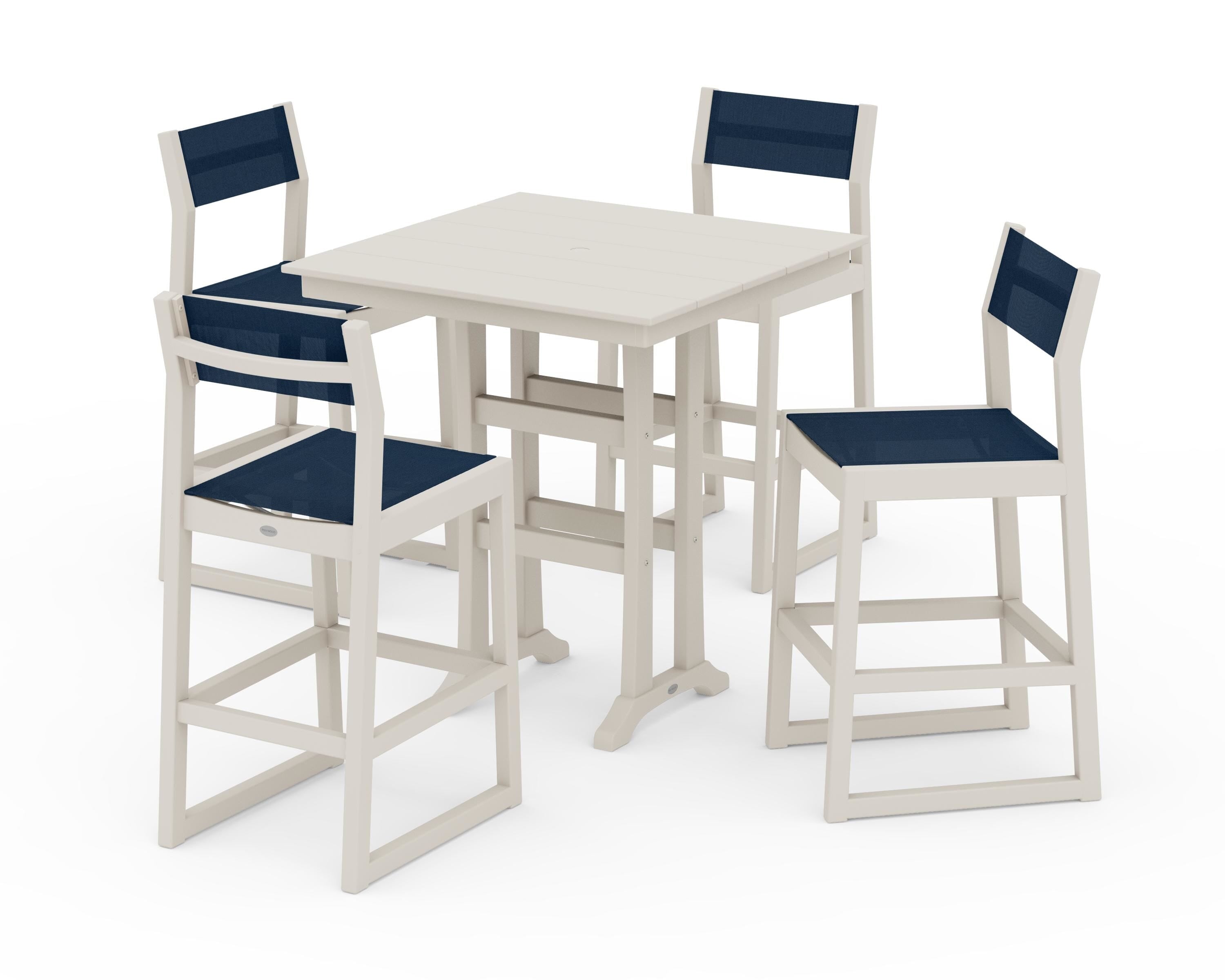 POLYWOOD® EDGE Sling Arm Chair 5-Piece Farmhouse Bar Set with Trestle Legs in Sand / Navy Blue Sling