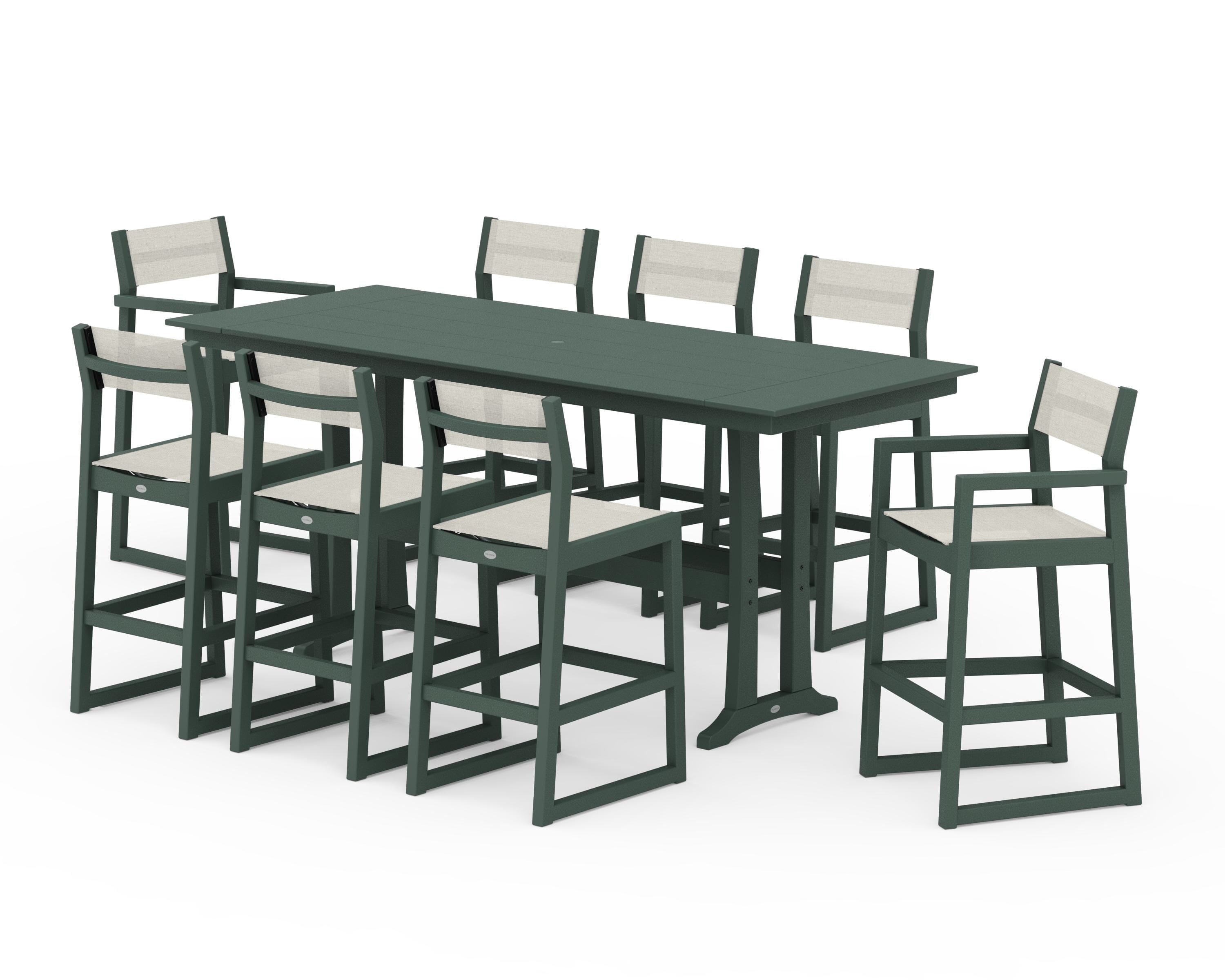 POLYWOOD® EDGE Sling 9-Piece Farmhouse Bar Set with Trestle Legs in Green / Parchment Sling