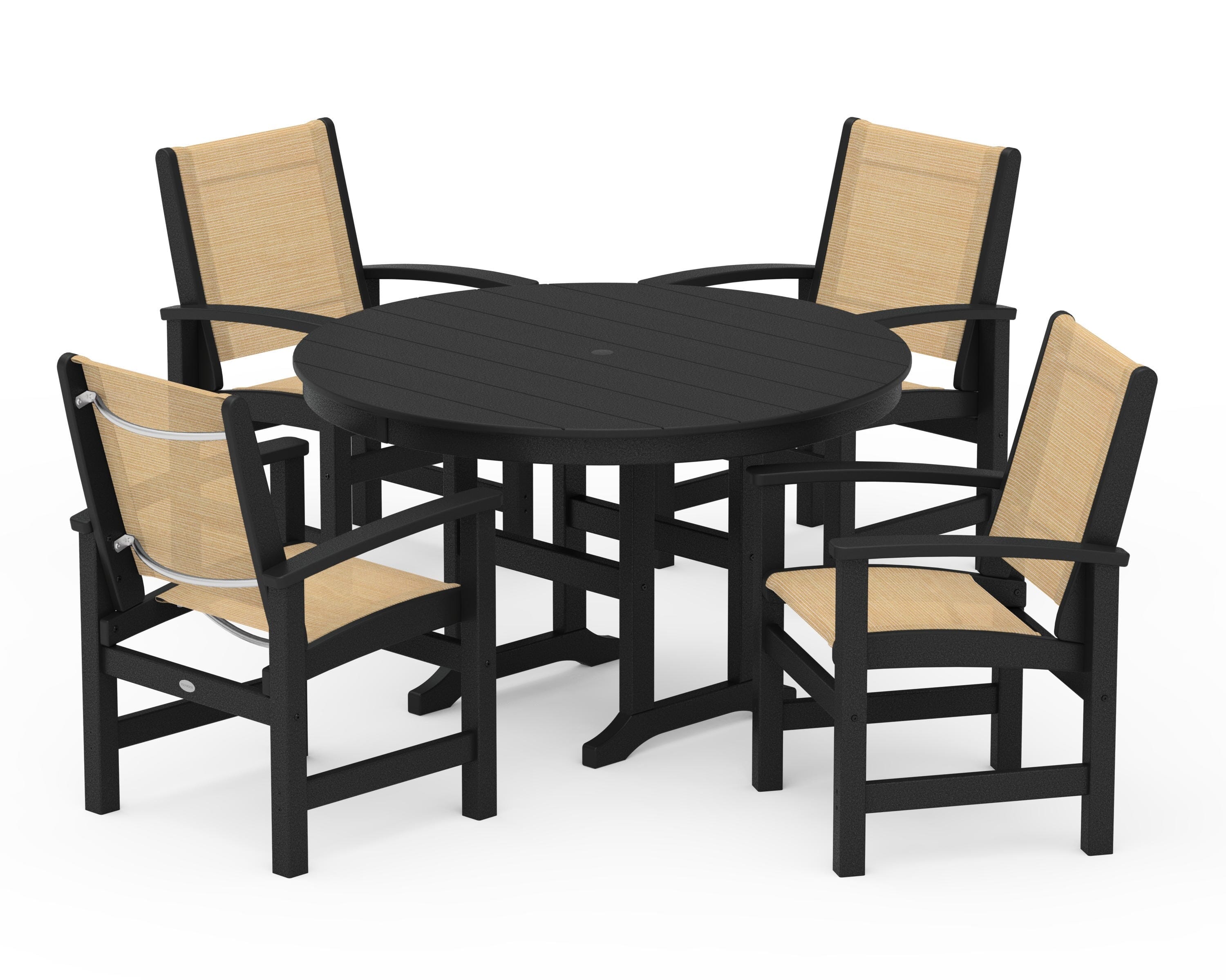 POLYWOOD® Coastal 5-Piece Round Farmhouse Dining Set in Black / Dupioni Apricot Sling