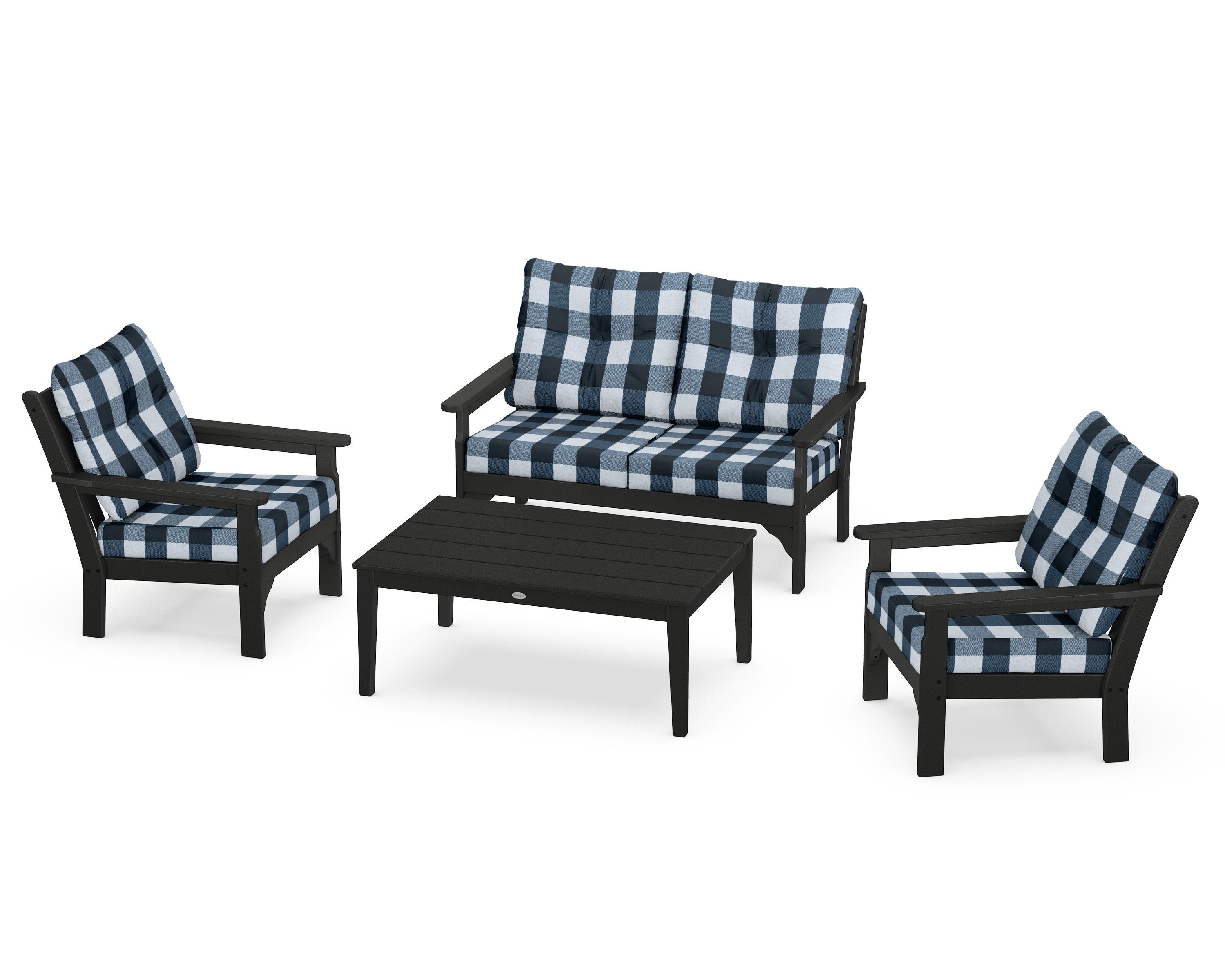 POLYWOOD® Vineyard 4-Piece Deep Seating Set in Black / Buffalo Plaid Marine Indigo