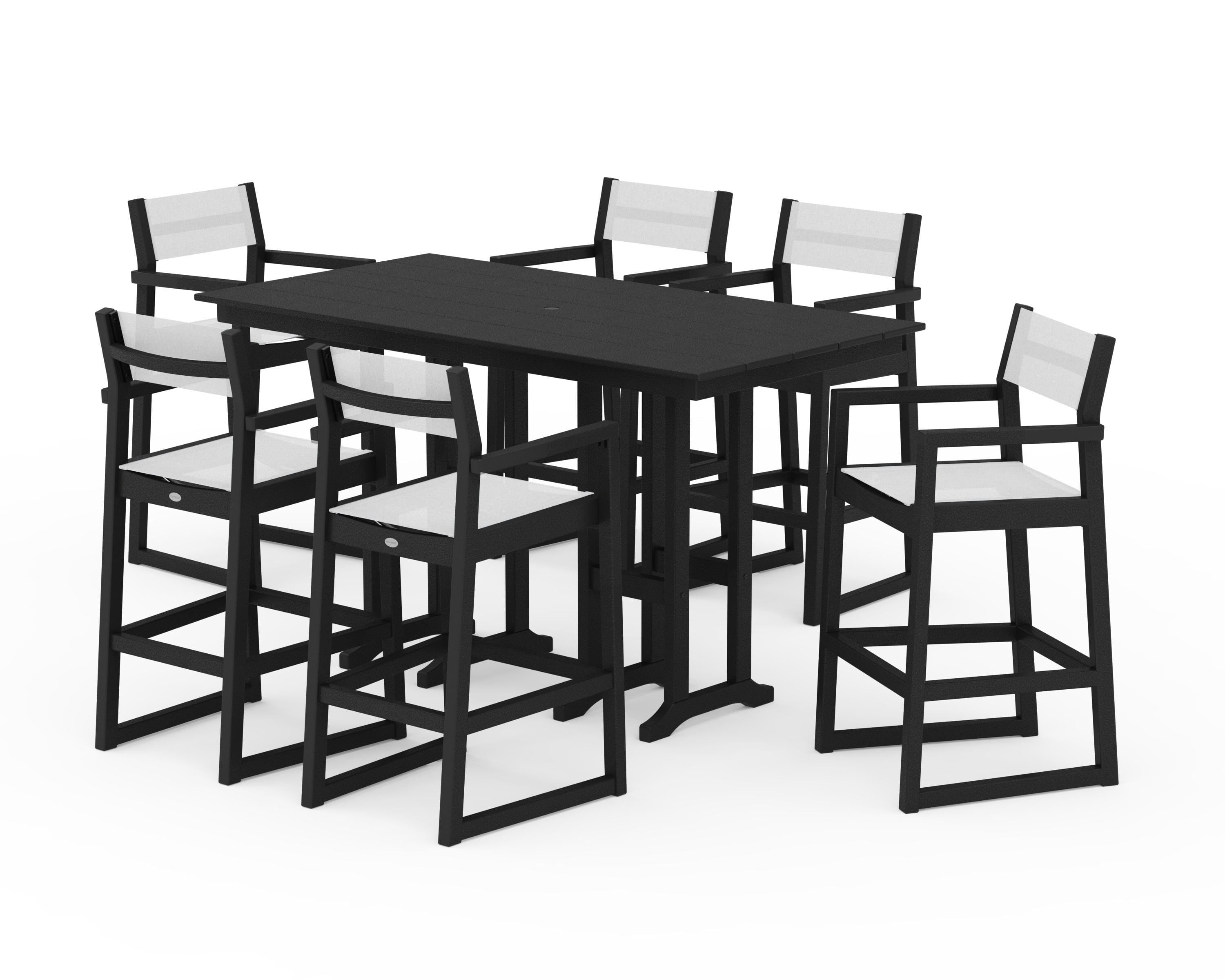 POLYWOOD® EDGE Sling Arm Chair 7-Piece Farmhouse Bar Set in Black / White Sling