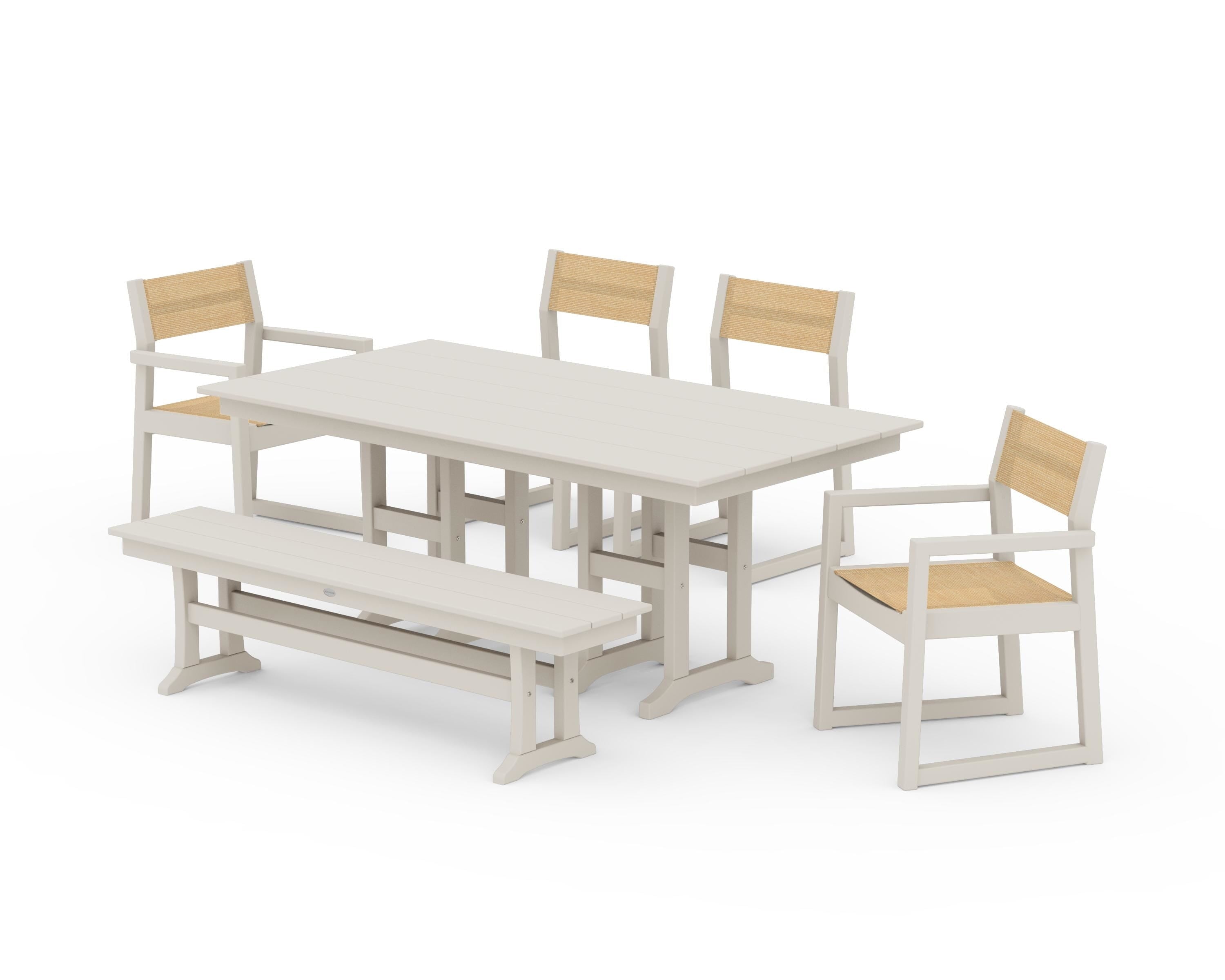 POLYWOOD® EDGE Sling 6-Piece Farmhouse Dining Set in Sand / Dupioni Apricot Sling