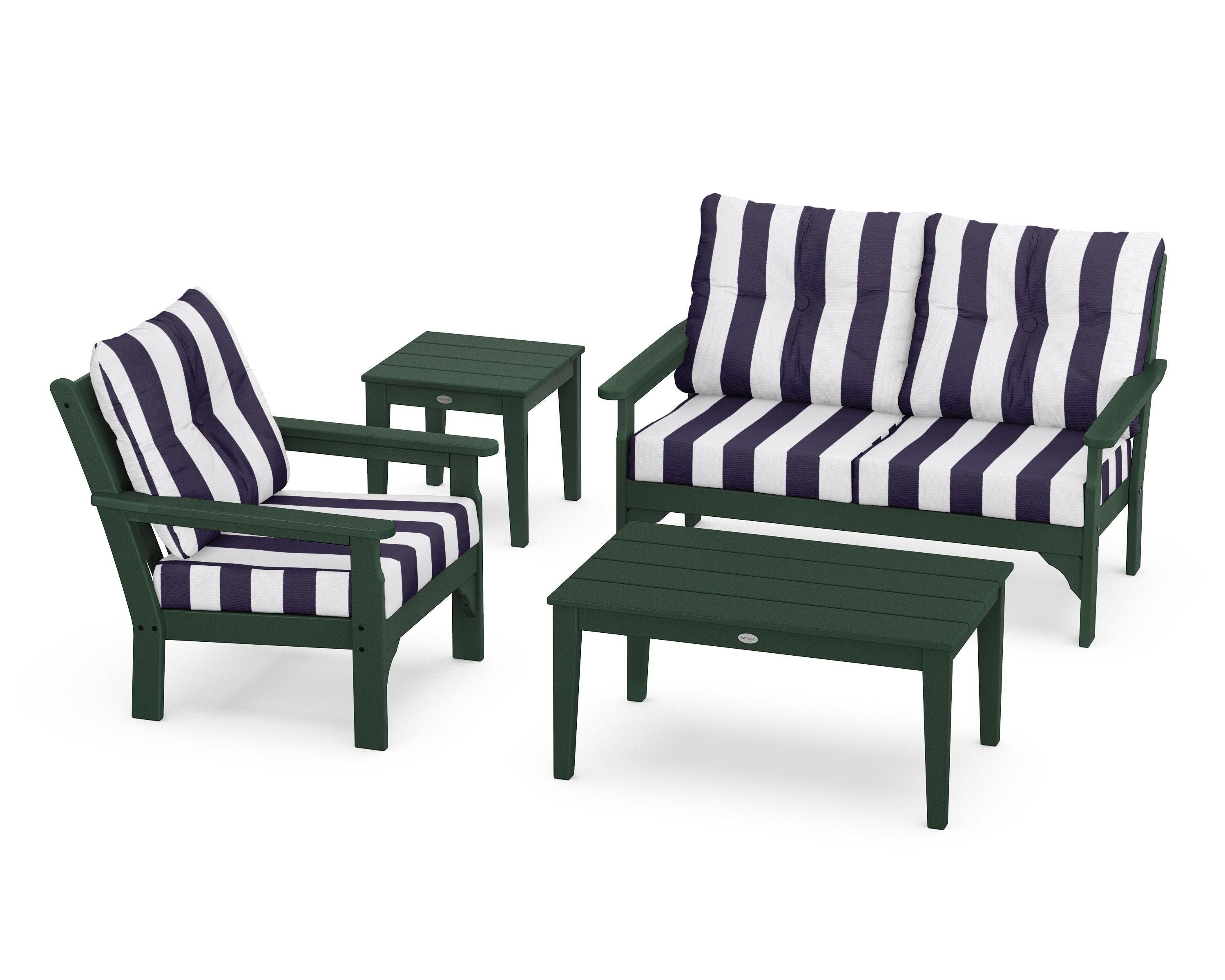 POLYWOOD® Vineyard 4-Piece Deep Seating Set in Green / Cabana Stripe Navy