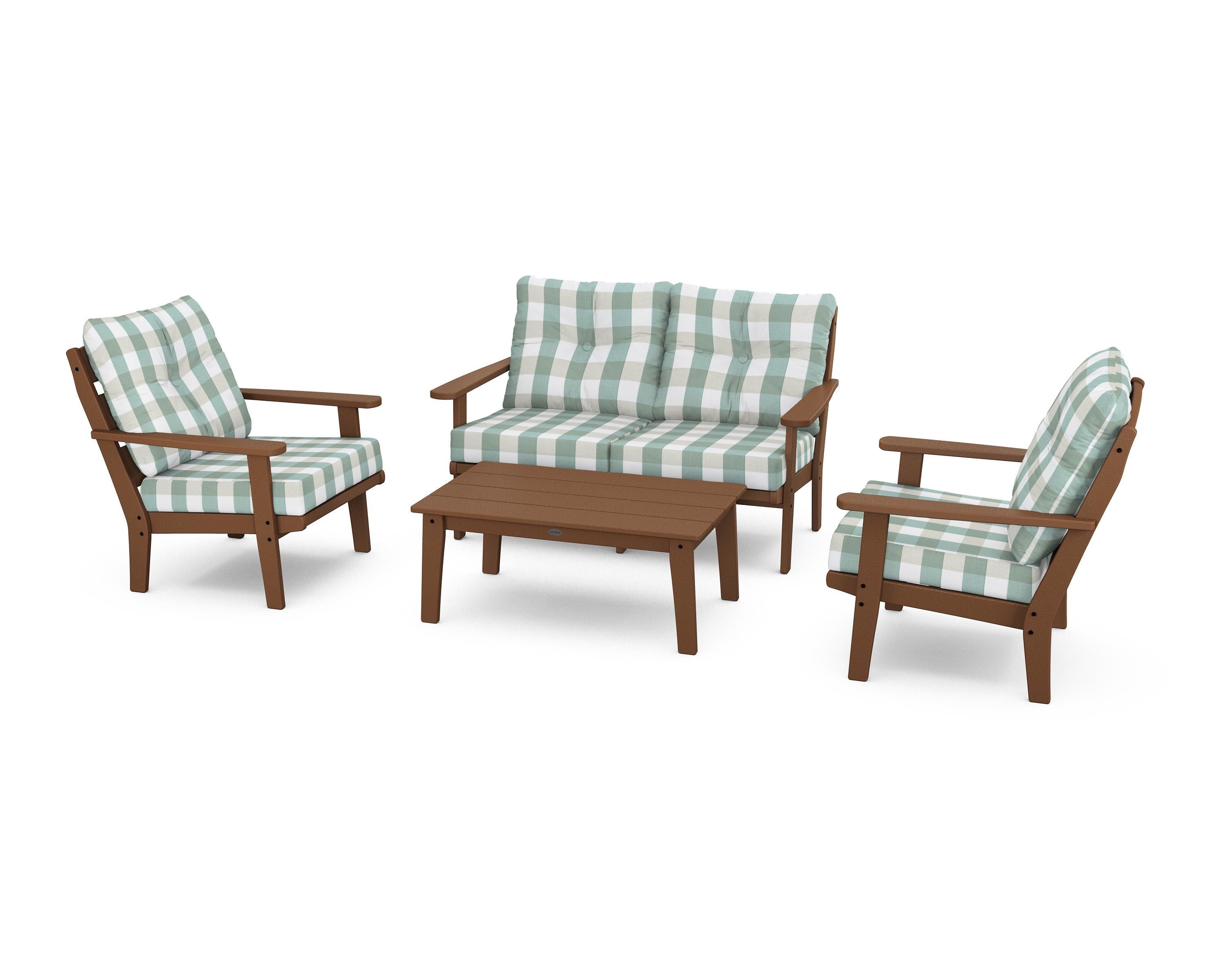 POLYWOOD® Lakeside 4-Piece Deep Seating Set in Teak / Buffalo Plaid Glacier Spa
