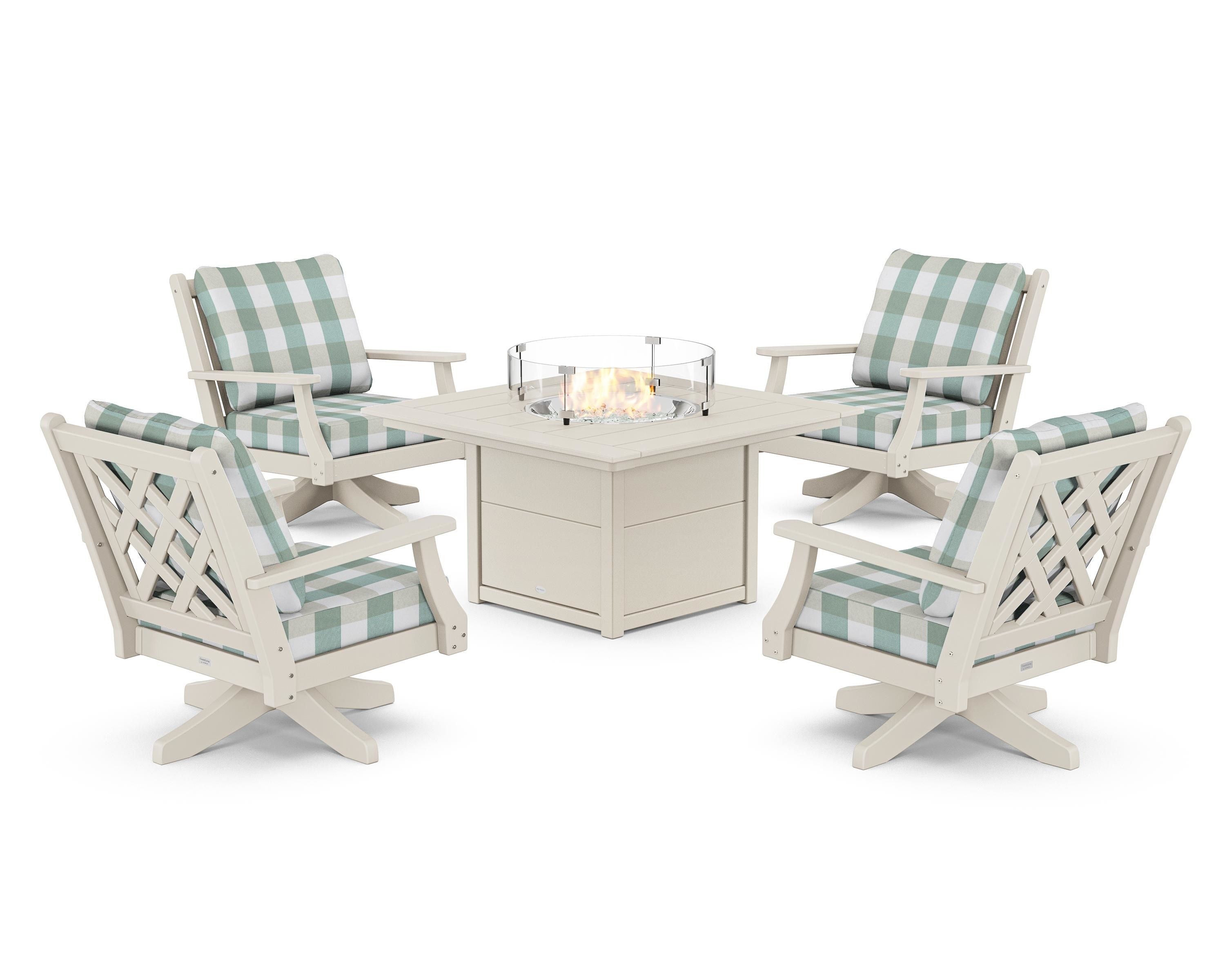 Country Living Wovendale 5-Piece Deep Seating Swivel Conversation Set with Fire Pit Table in Sand / Buffalo Plaid Glacier Spa