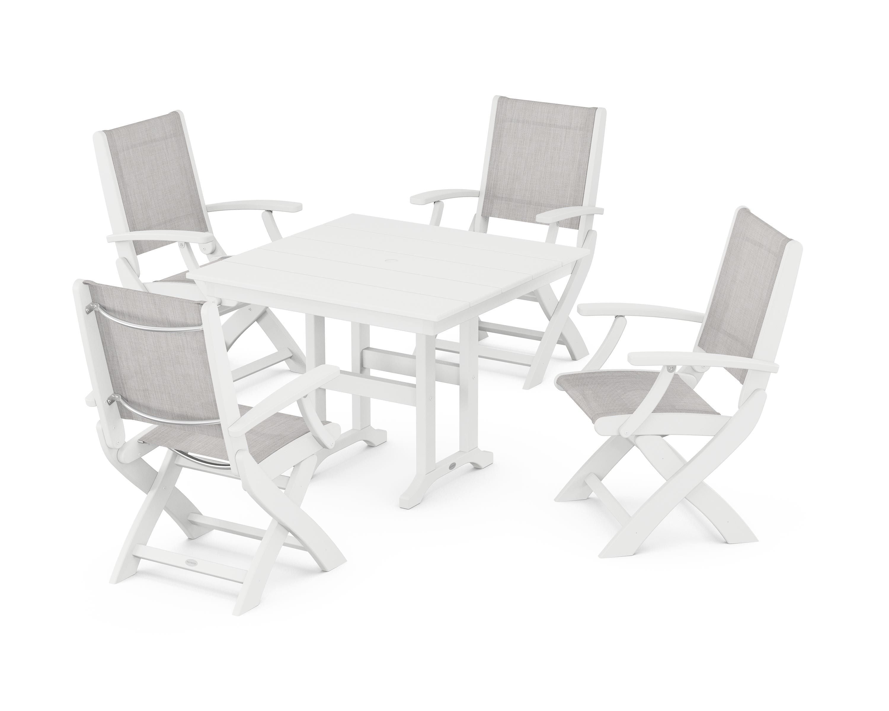 POLYWOOD® Coastal Folding Chair 5-Piece Farmhouse Dining Set in White / Parchment Sling