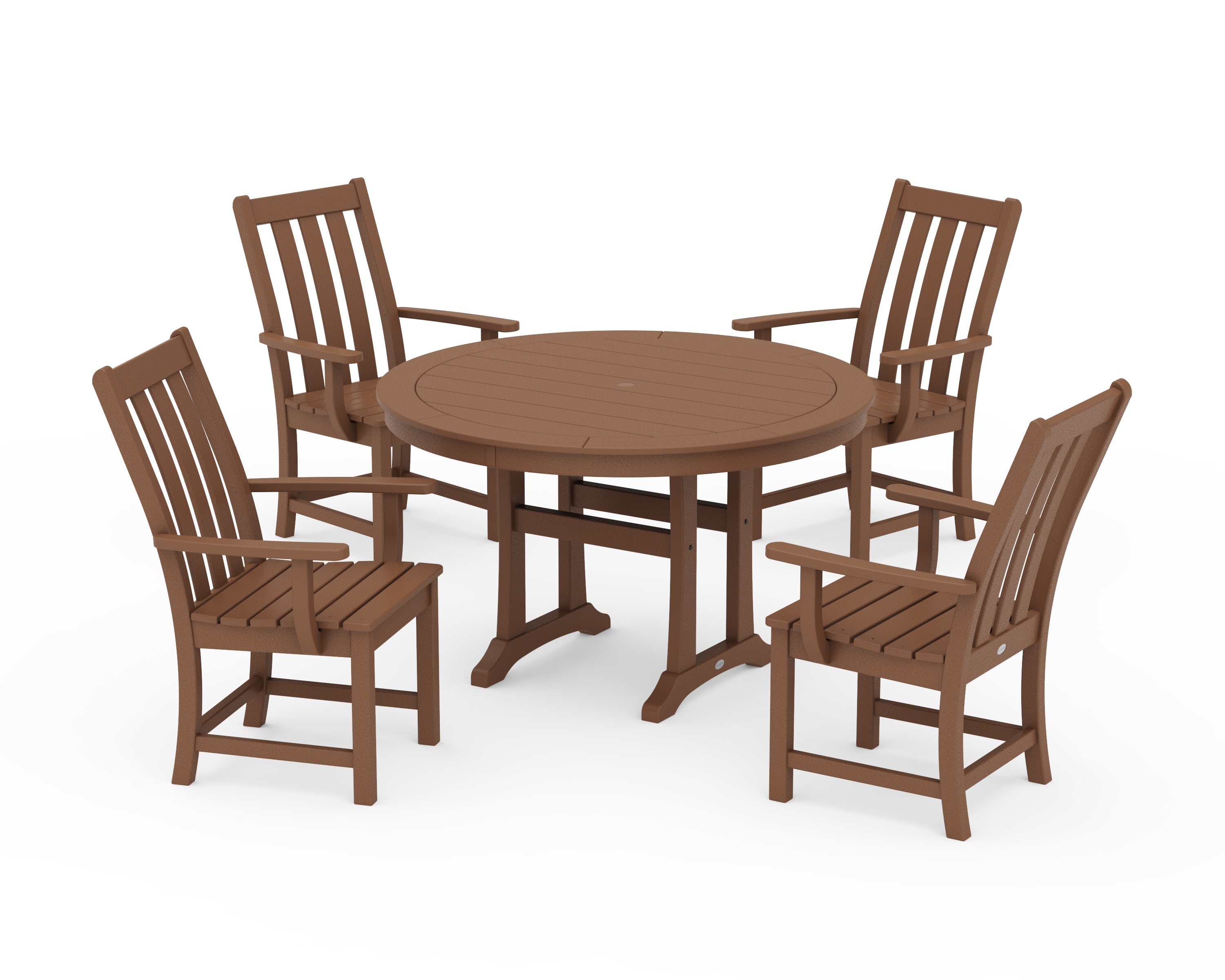 POLYWOOD® Vineyard 5-Piece Round Dining Set with Trestle Legs in Teak