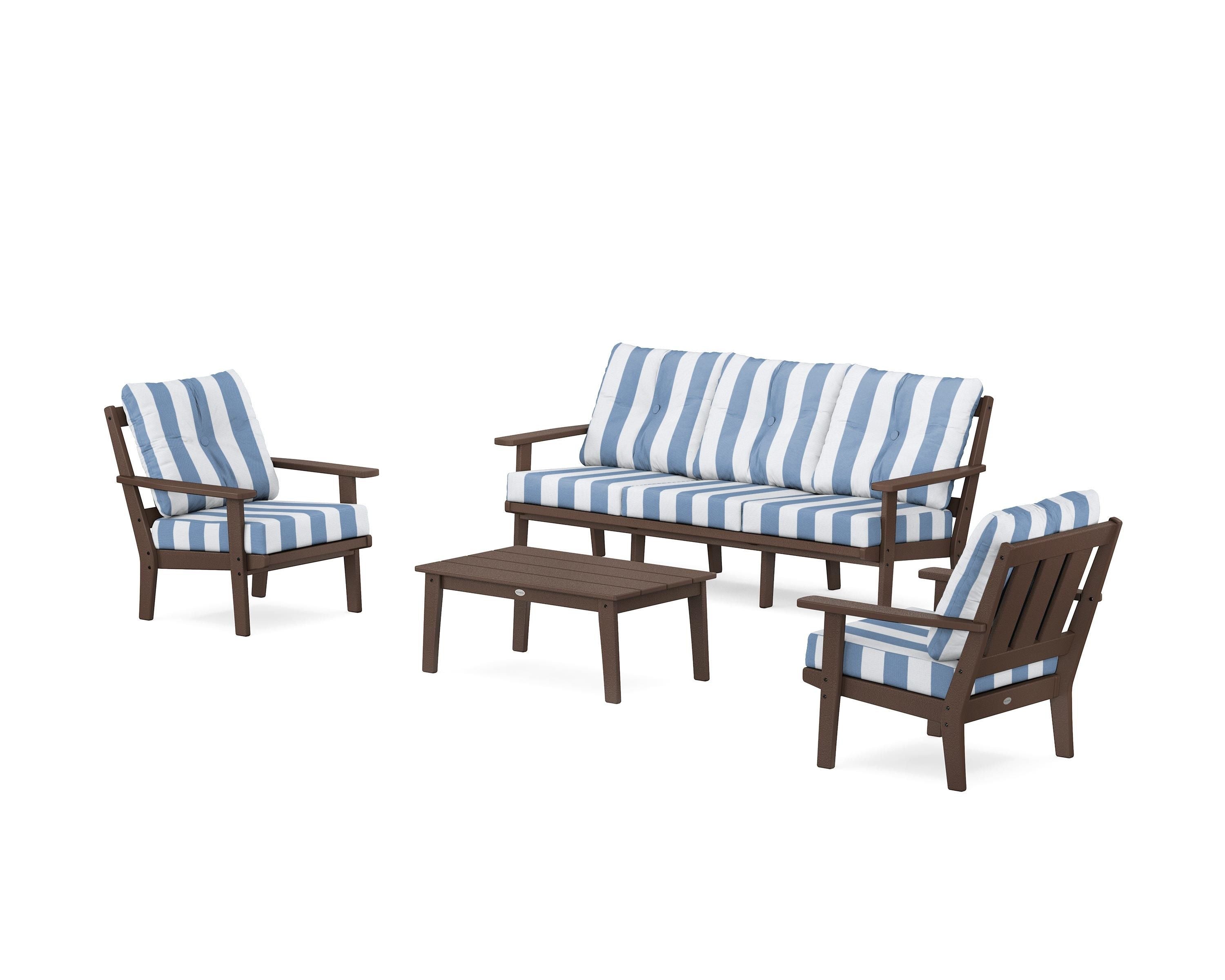 POLYWOOD® Oxford 4-Piece Deep Seating Set with Sofa in Mahogany / Cabana Stripe Sky Blue