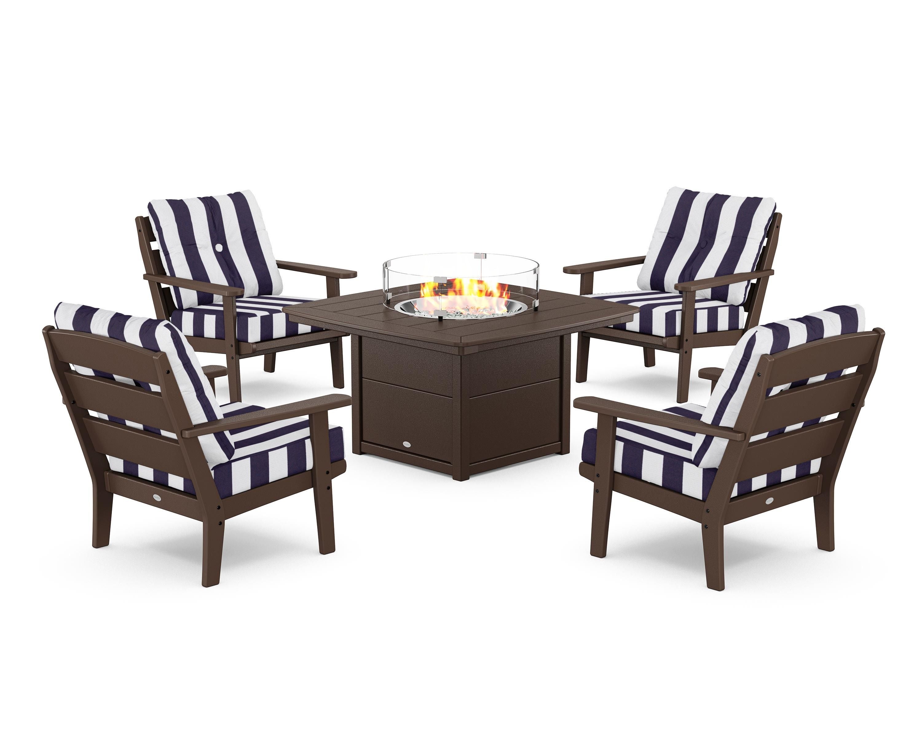 POLYWOOD® Lakeside 5-Piece Deep Seating Set with Nautical Fire Pit Table in Mahogany / Cabana Stripe Navy