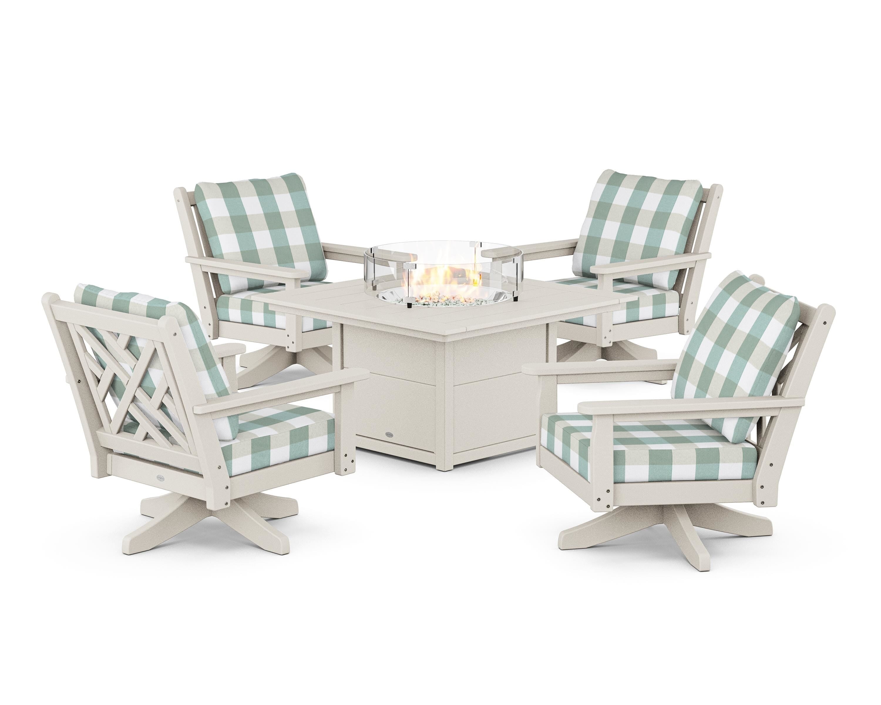 POLYWOOD® Chippendale 5-Piece Deep Seating Swivel Conversation Set with Fire Pit Table in Sand / Buffalo Plaid Glacier Spa