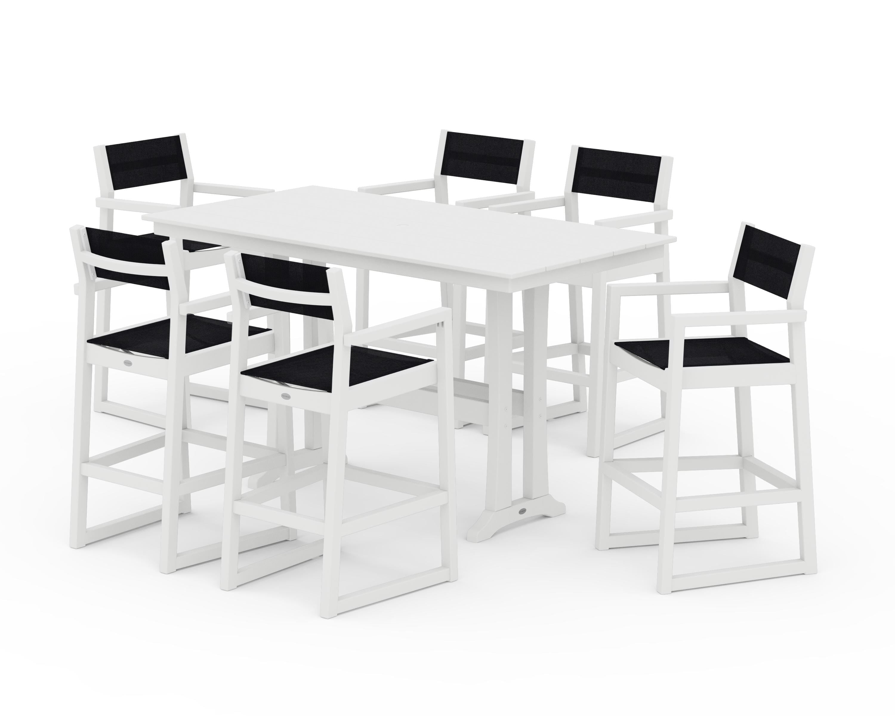 POLYWOOD® EDGE Sling Arm Chair 7-Piece Farmhouse Bar Set with Trestle Legs in White / Black Sling