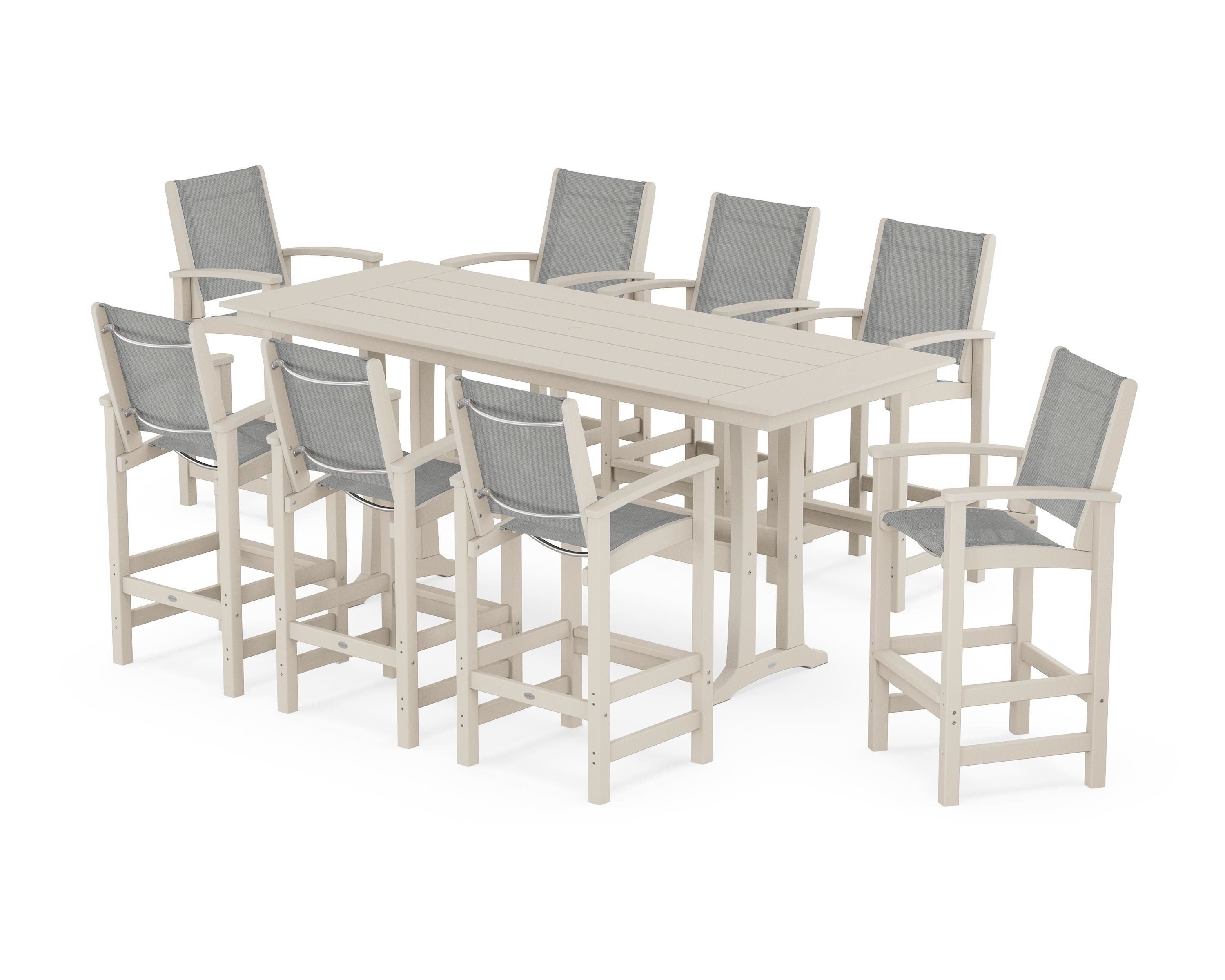 POLYWOOD® Coastal 9-Piece Farmhouse Bar Set with Trestle Legs in Sand / Metallic Sling
