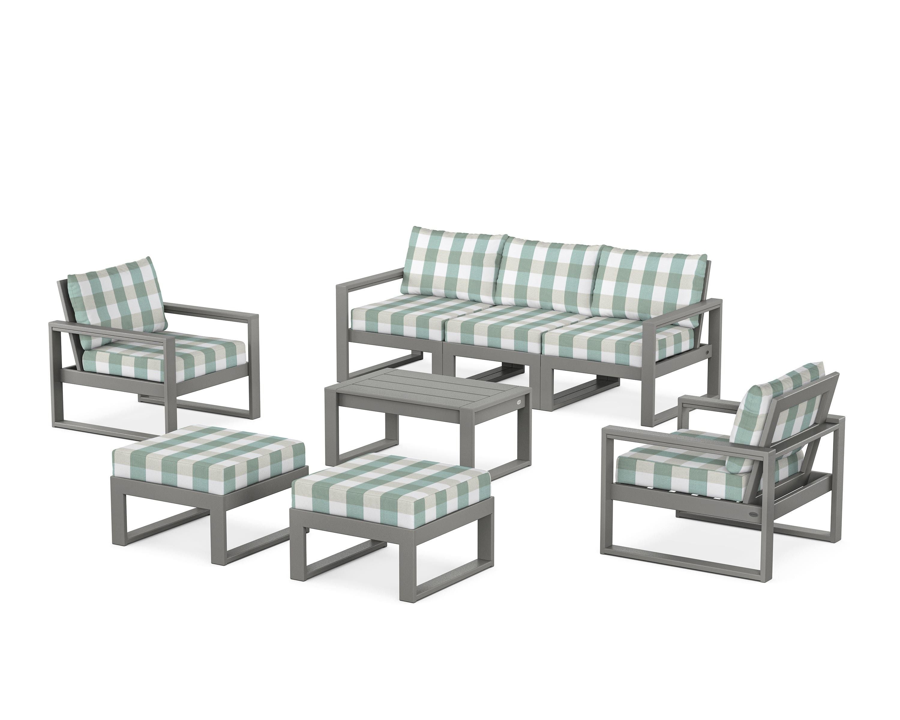 POLYWOOD® EDGE Sectional 8-Piece Lounge Sofa Set in Slate Grey / Buffalo Plaid Glacier Spa