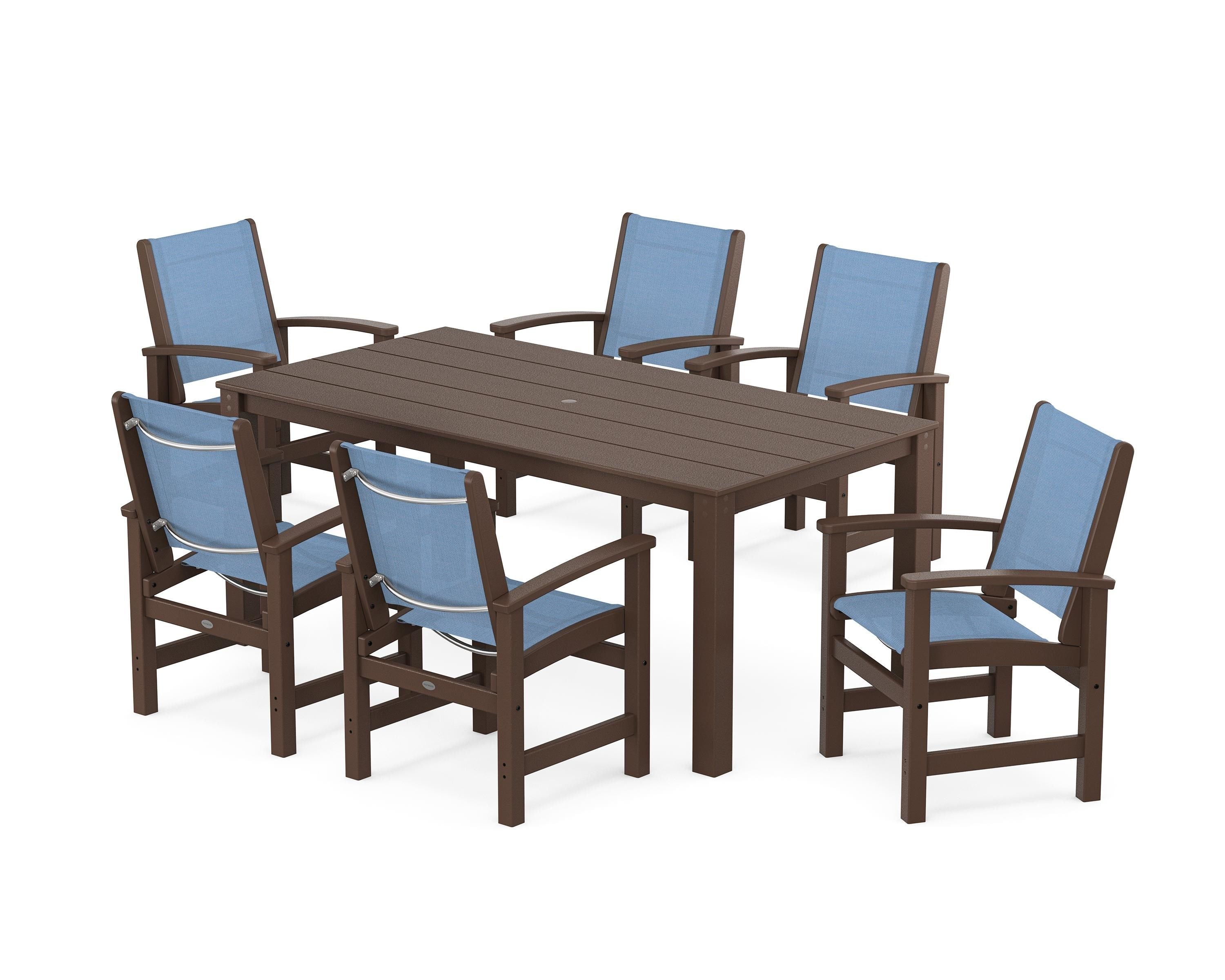 POLYWOOD® Coastal 7-Piece Parsons Dining Set in Mahogany / Poolside Sling