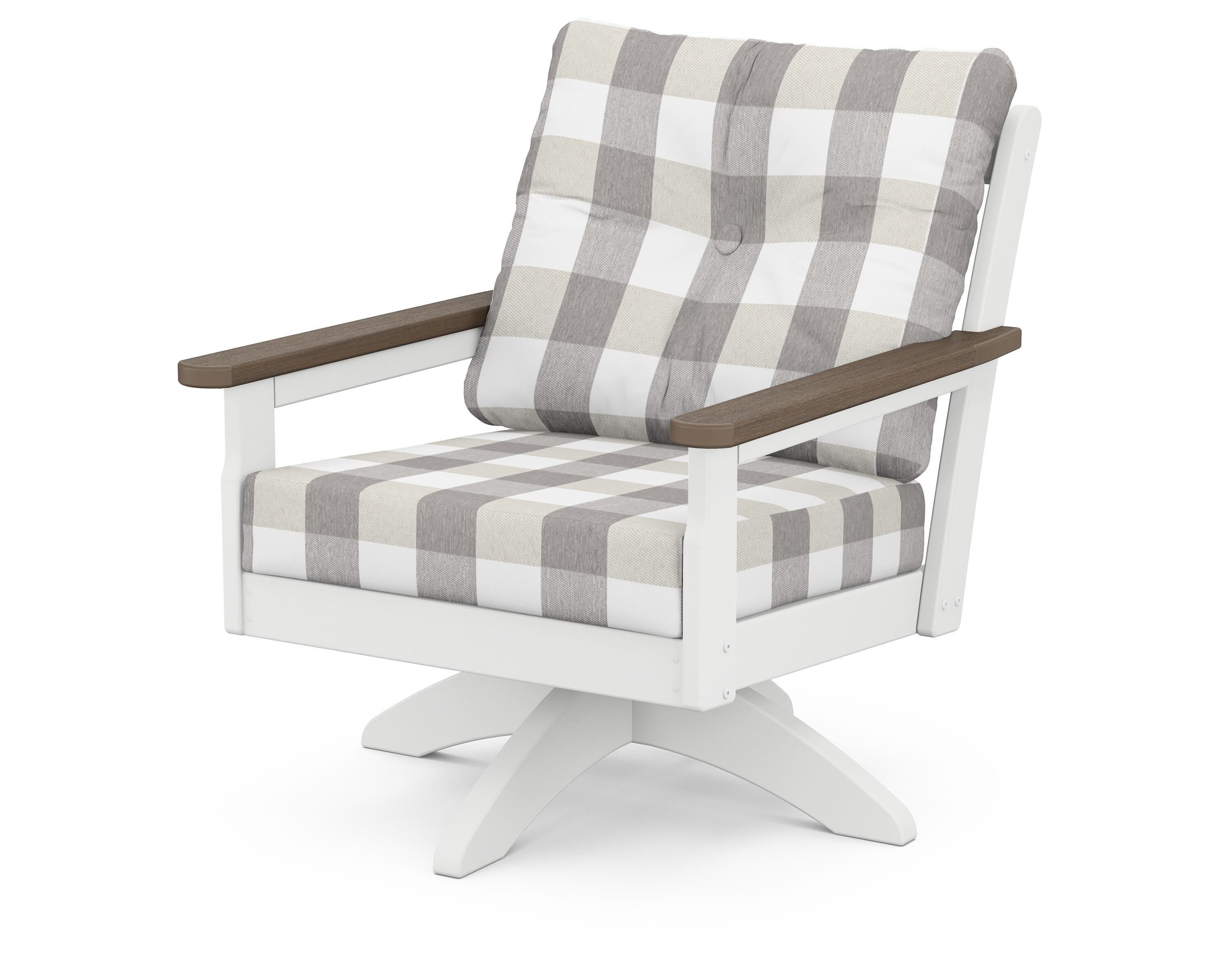 POLYWOOD® Vineyard Deep Seating Swivel Chair in White / Kona / Buffalo Plaid Grey Mist