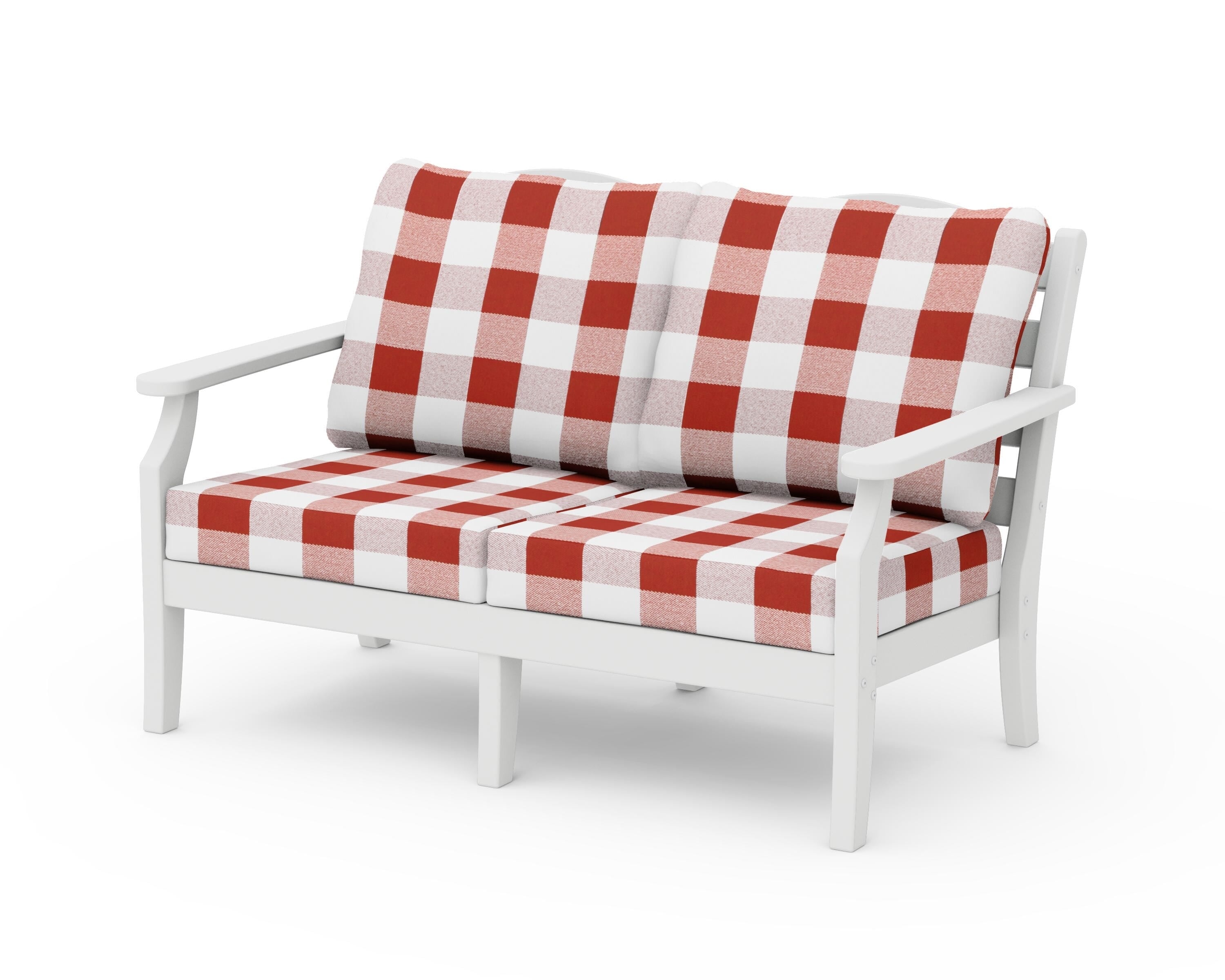 Draper James™ by POLYWOOD® Savannah Deep Seating Loveseat in White / Buffalo Plaid Crimson