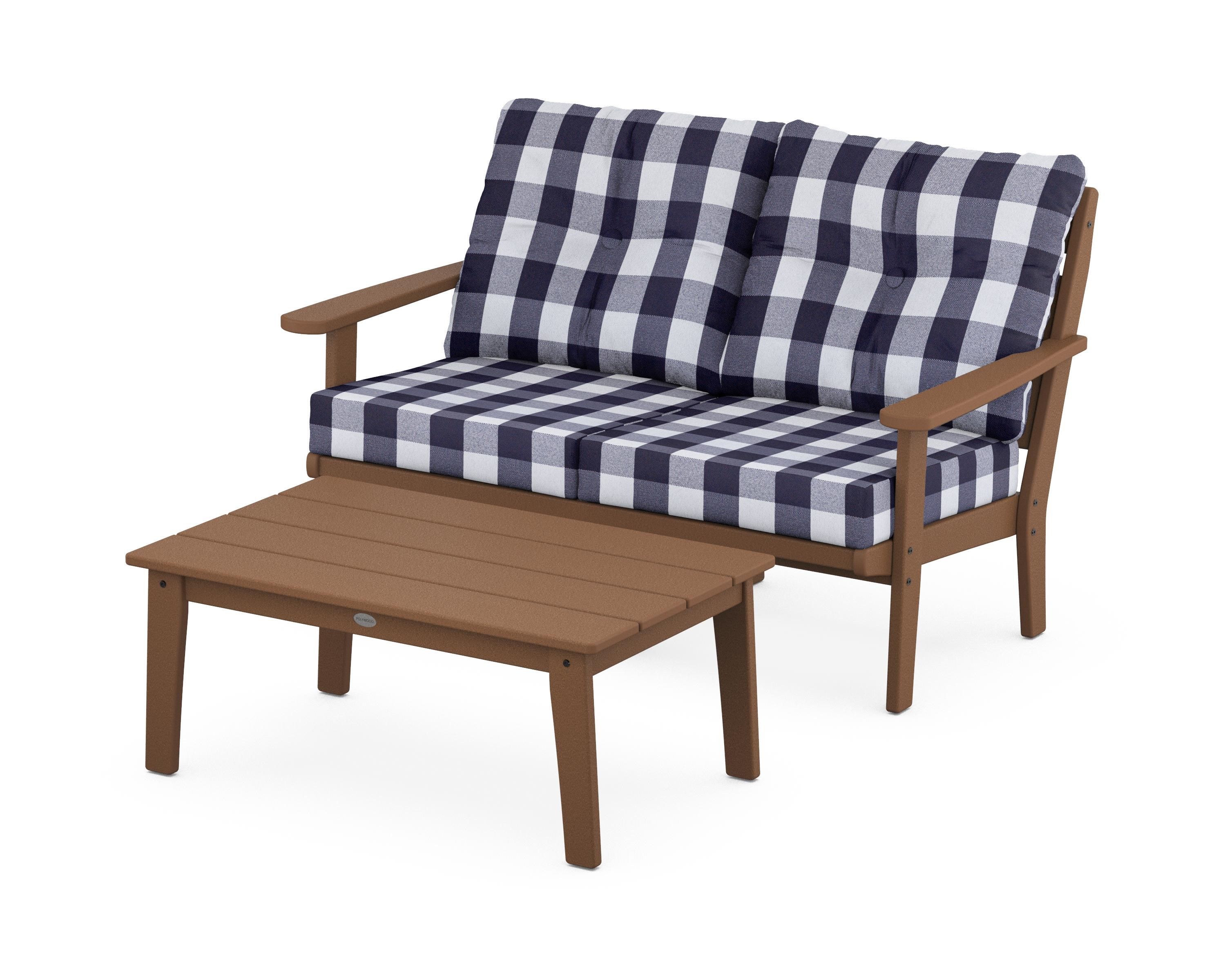 POLYWOOD® Lakeside 2-Piece Lounge Loveseat Set in Teak / Buffalo Plaid Navy